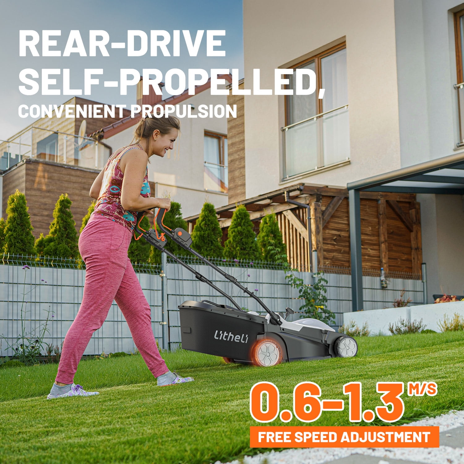 Litheli Cordless Brushless Self-Propelled Lawn Mower, 40V Electric Mower with Dual 4.0Ah Batteries (White, 18 in) l7z5k