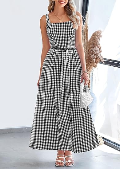 PRETTYGARDEN Women's Summer Spaghetti Strap Maxi Dress Plaid Square Neck A-Line Casual Beach Sundress (Black, XL) 7gk0j