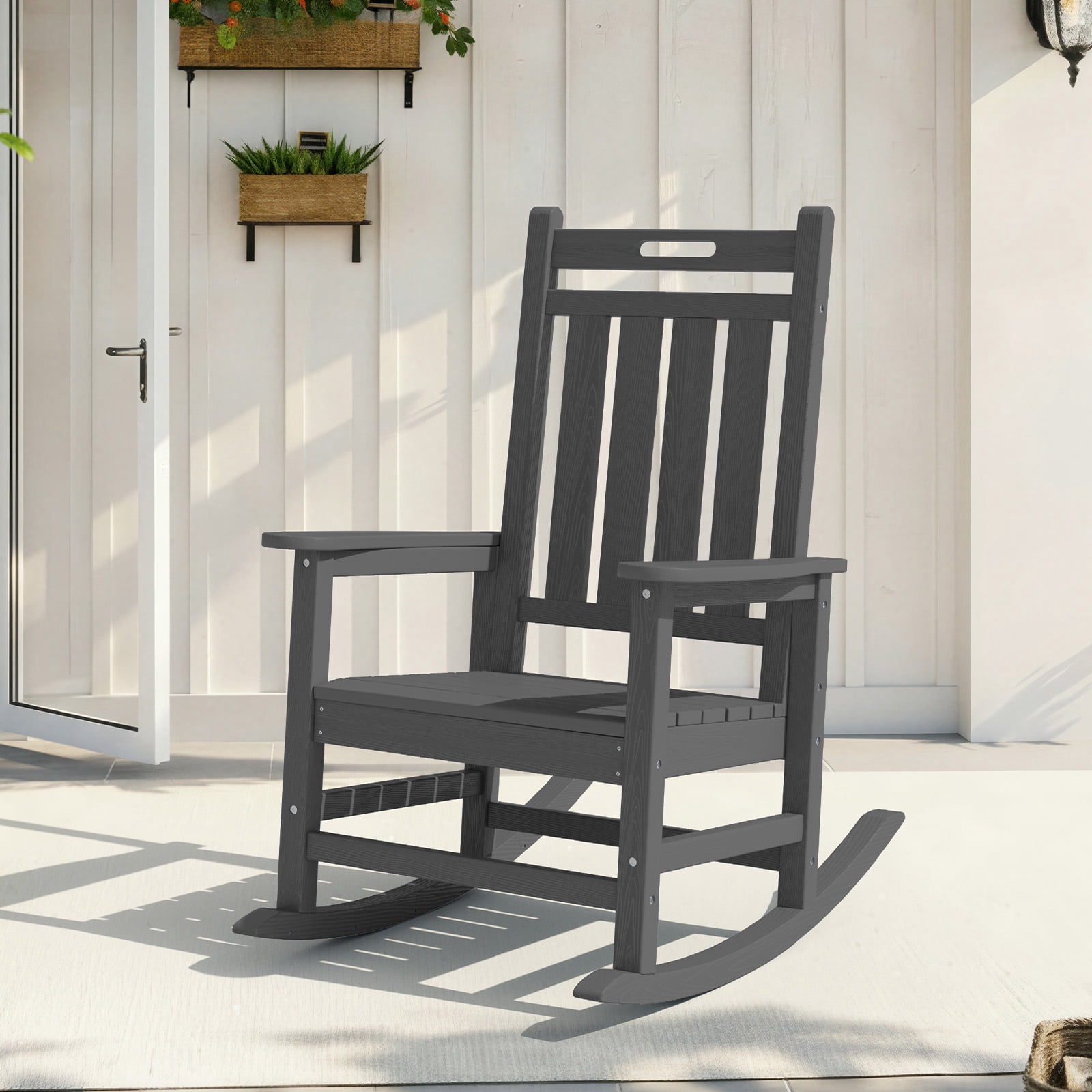 Loyalice HDPE Outdoor Rocking Chair, All-Weather High Back Patio Rocker with Wood-Grain Texture (Gray) 1kiwq
