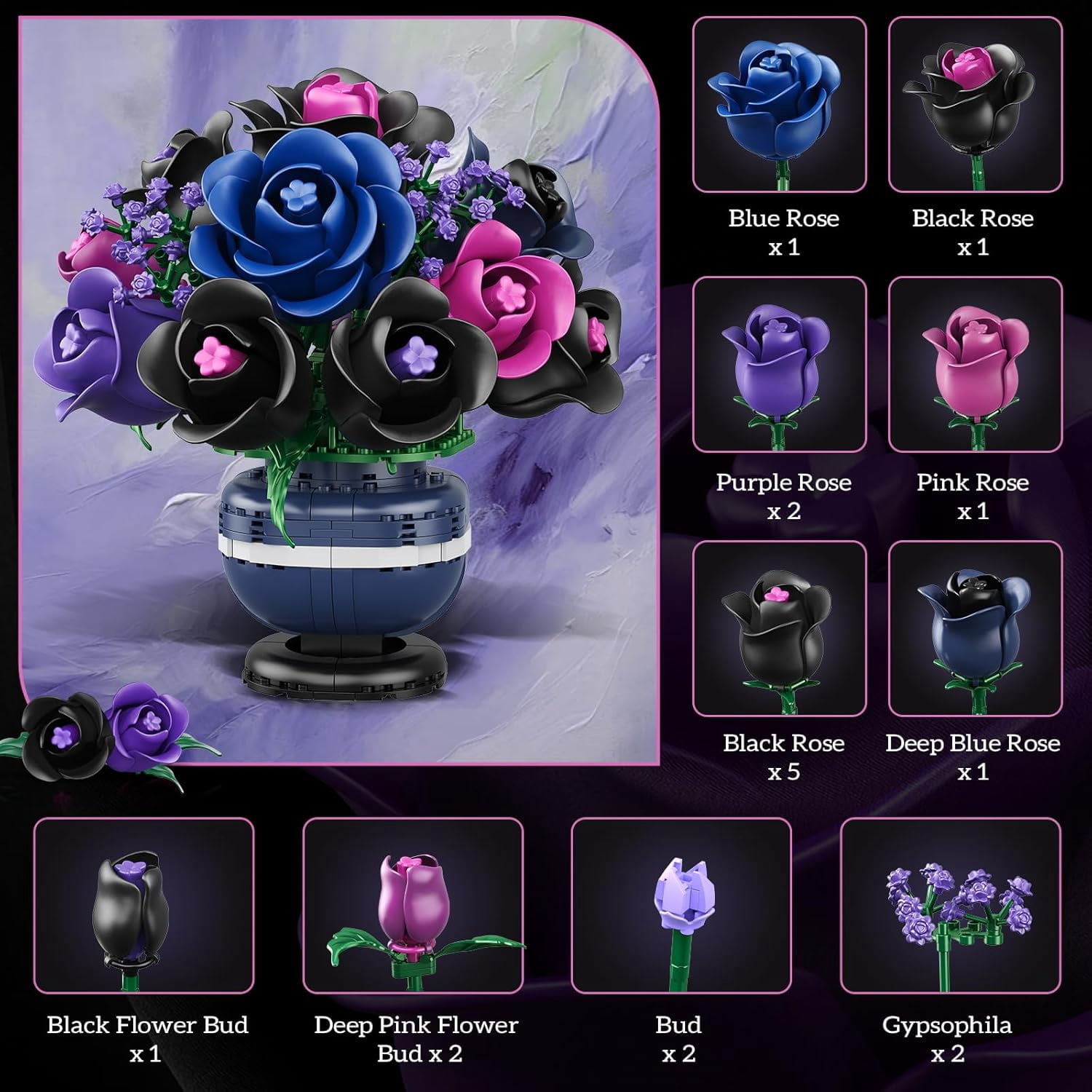 TERRAMUS Purple Rose Bouquet Building Set, Floral Construction Blocks for Home Decor (507 Pieces) 040r7