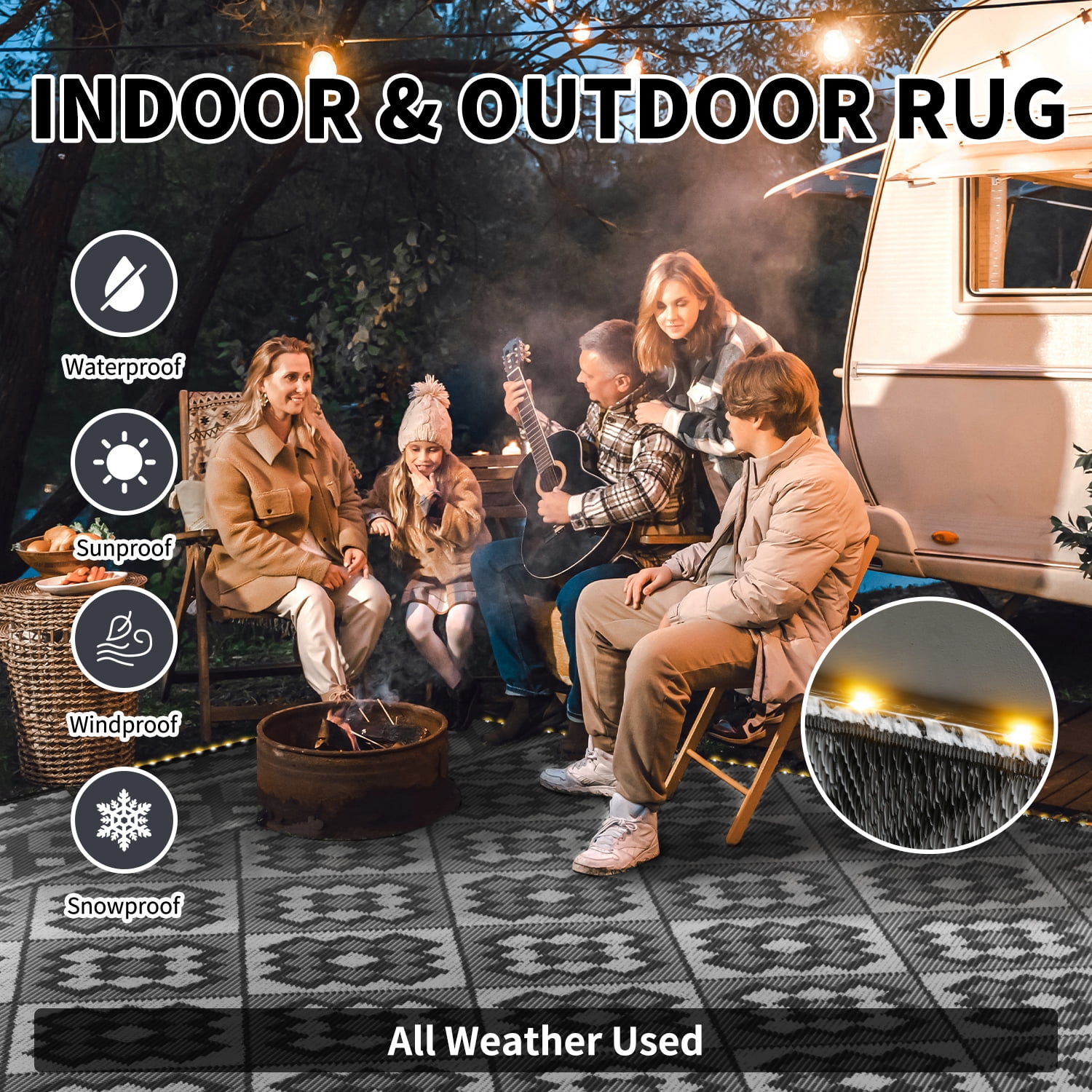 SIXHOME Outdoor Rug with LED Strip Light, Waterproof Reversible Patio Mat for RV Camping and Deck (Light Gray, 9 ft x 12 ft) 904jr