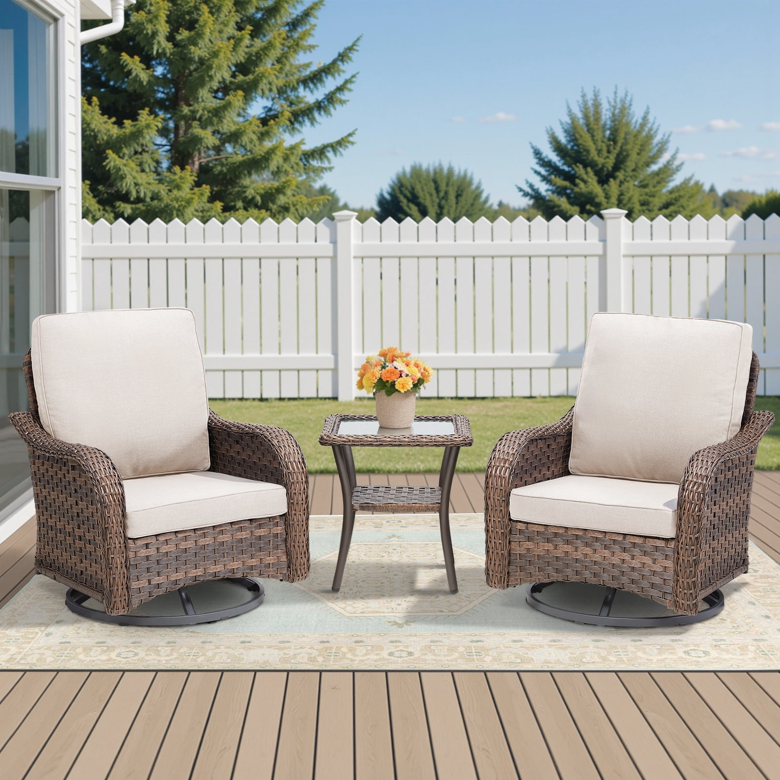 Arnahaishe 3-Piece Outdoor Wicker Patio Bistro Set, Swivel Rocker Chairs with Side Table (Beige, 3-Piece Set) mpihr