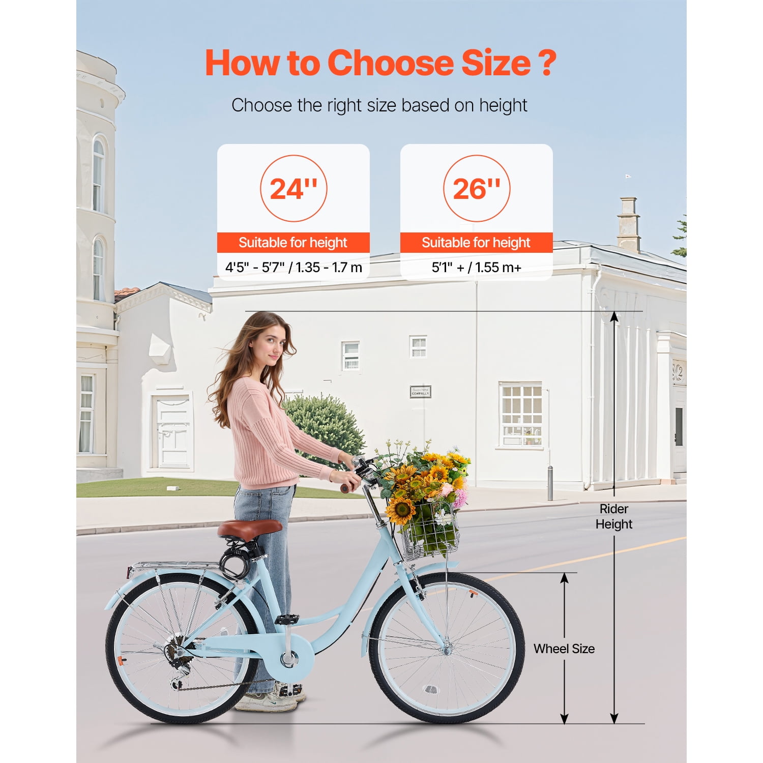 KFFKFF 24 in Cruiser Bike, 7-Speed Coastal Bicycle with Basket and Rear Rack (Sky Blue, 24 in) i47h3