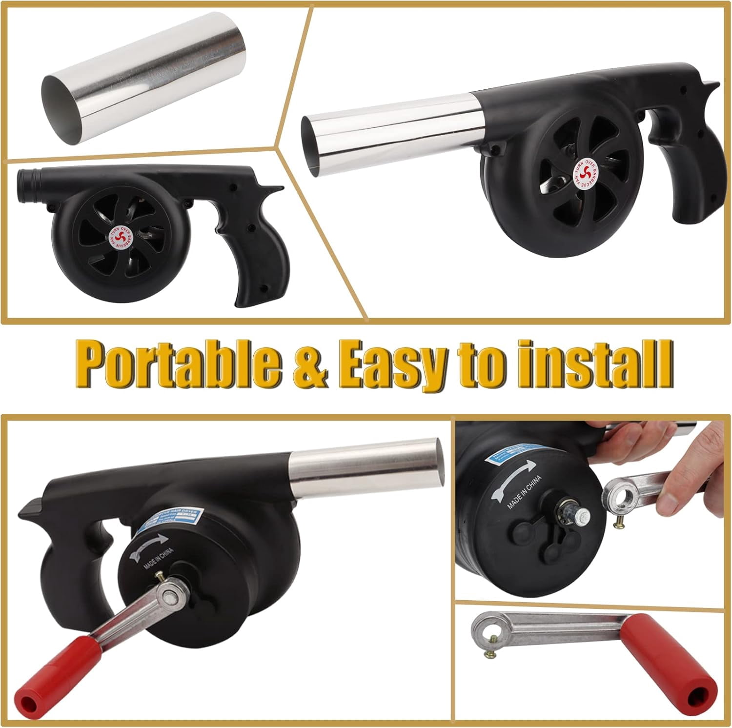 BYXAS Hand Crank BBQ Fan, Portable Manual Air Blower for Outdoor Grilling and Camping (Black, 11.4 in) 3pjbg