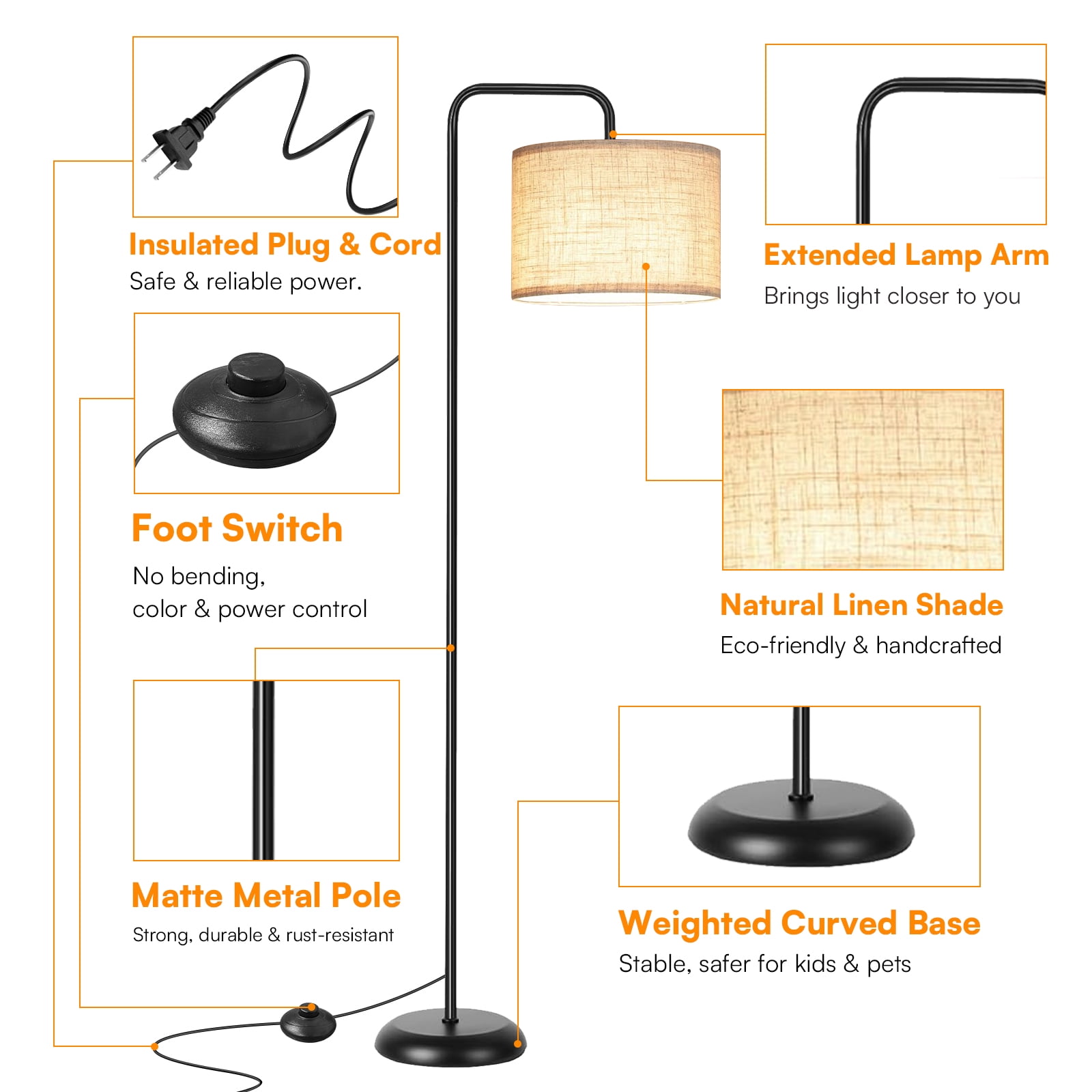 DAYBETTER Modern Curved Floor Lamp, Adjustable Color Temperature LED Standing Light with Foot Switch (White, 12W) 2ludf