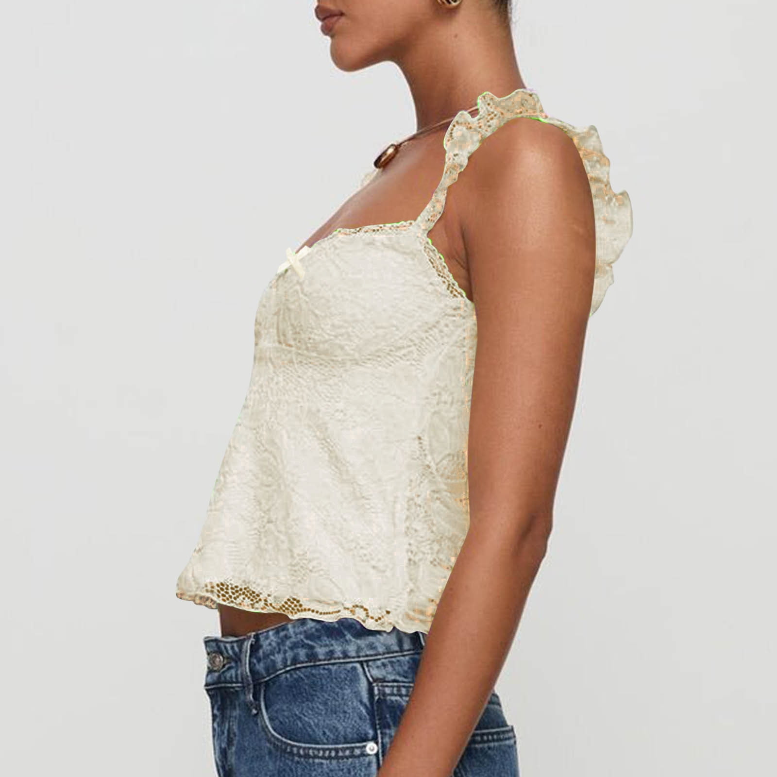 Aloohaidyvio Women Y2k Lace Tank Top Sleeveless Summer Crop Camisole (Beige, S) rf8no