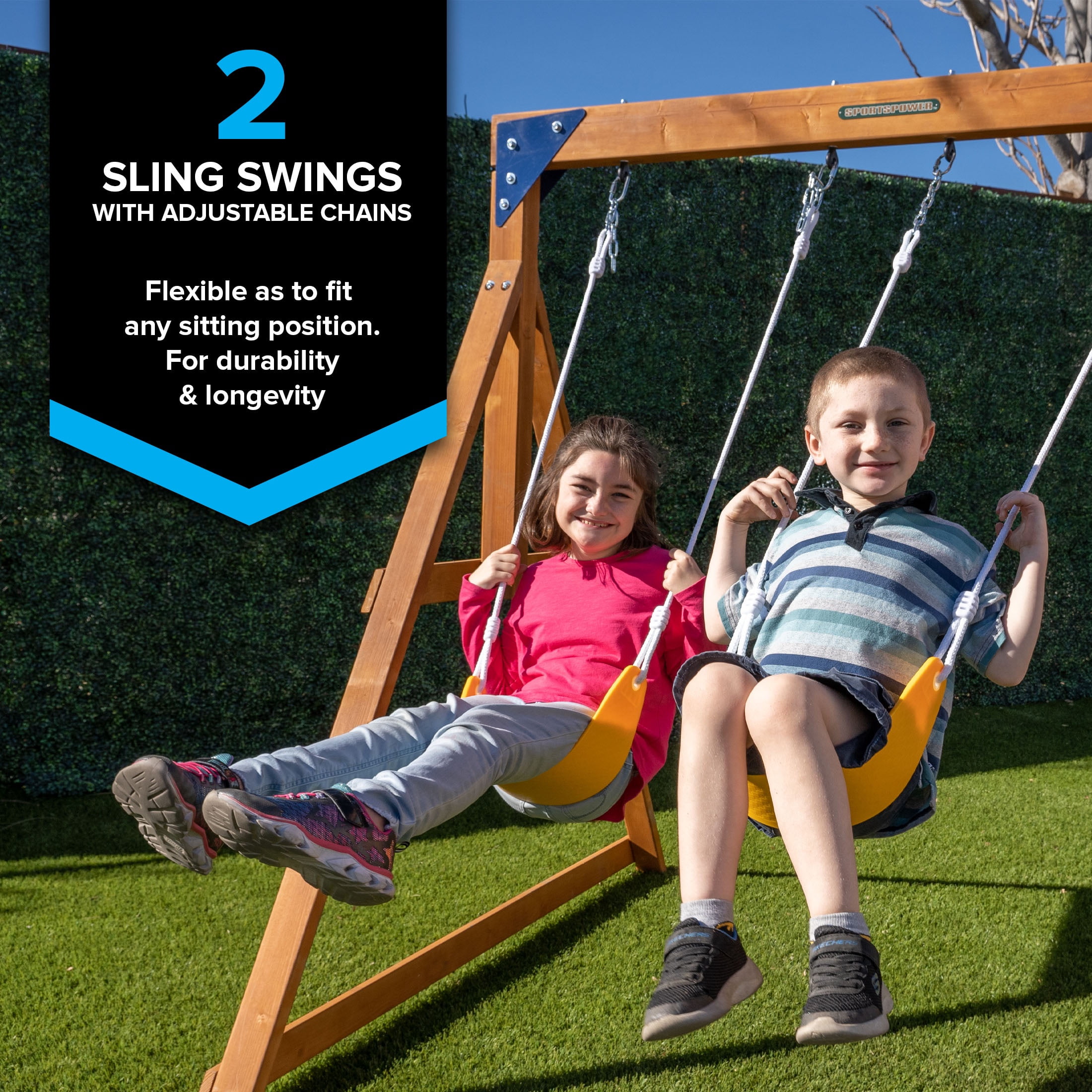 Sportspower North Peak Wooden Swing Set with Slide, Play Fort, Rock Climber & Sandbox (Yellow, 1 Set) 6q85e