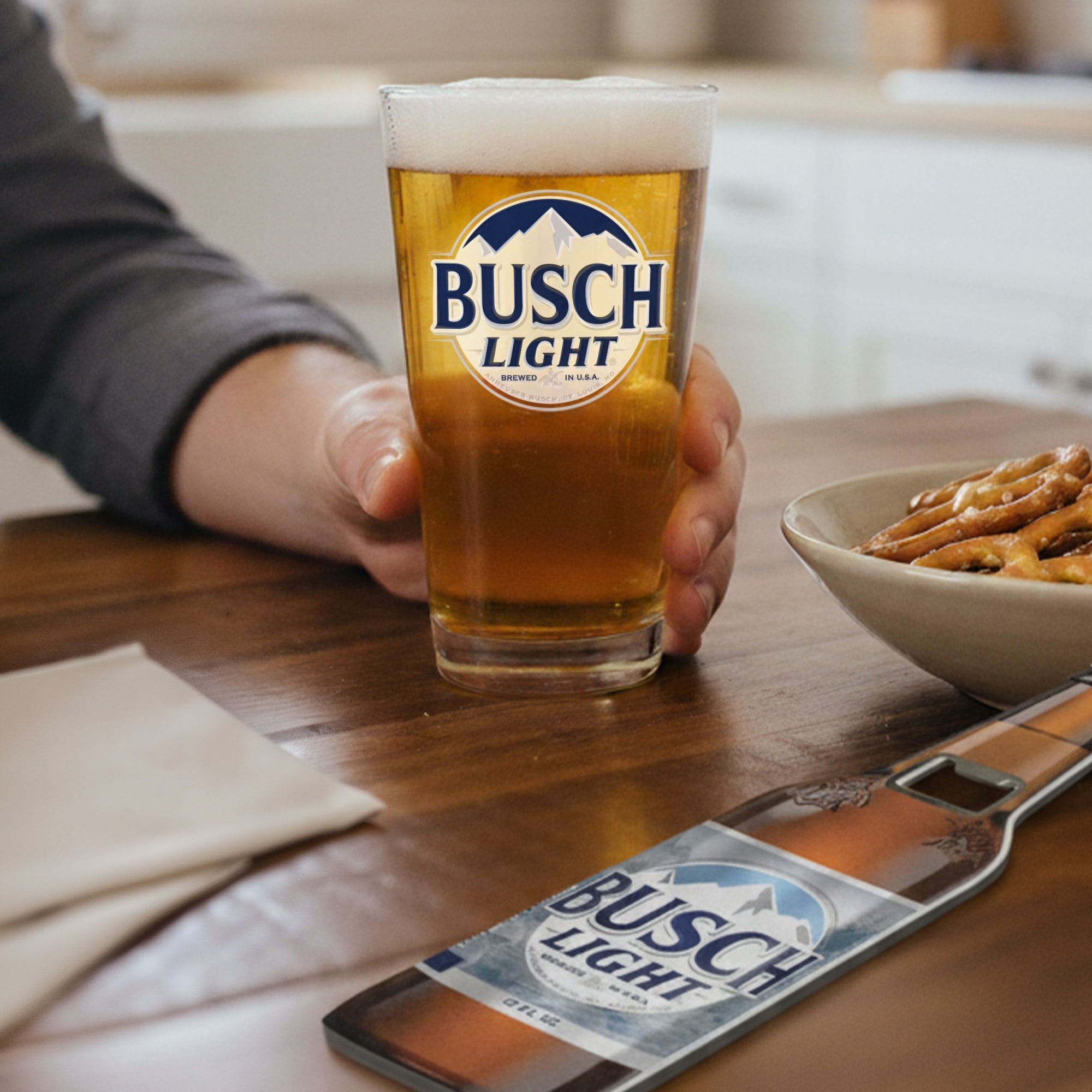 Busch Light Pint Glass and Opener Gift Set with Pretzel Twists (16 oz Glass, 1 oz Pretzels) r2hjv