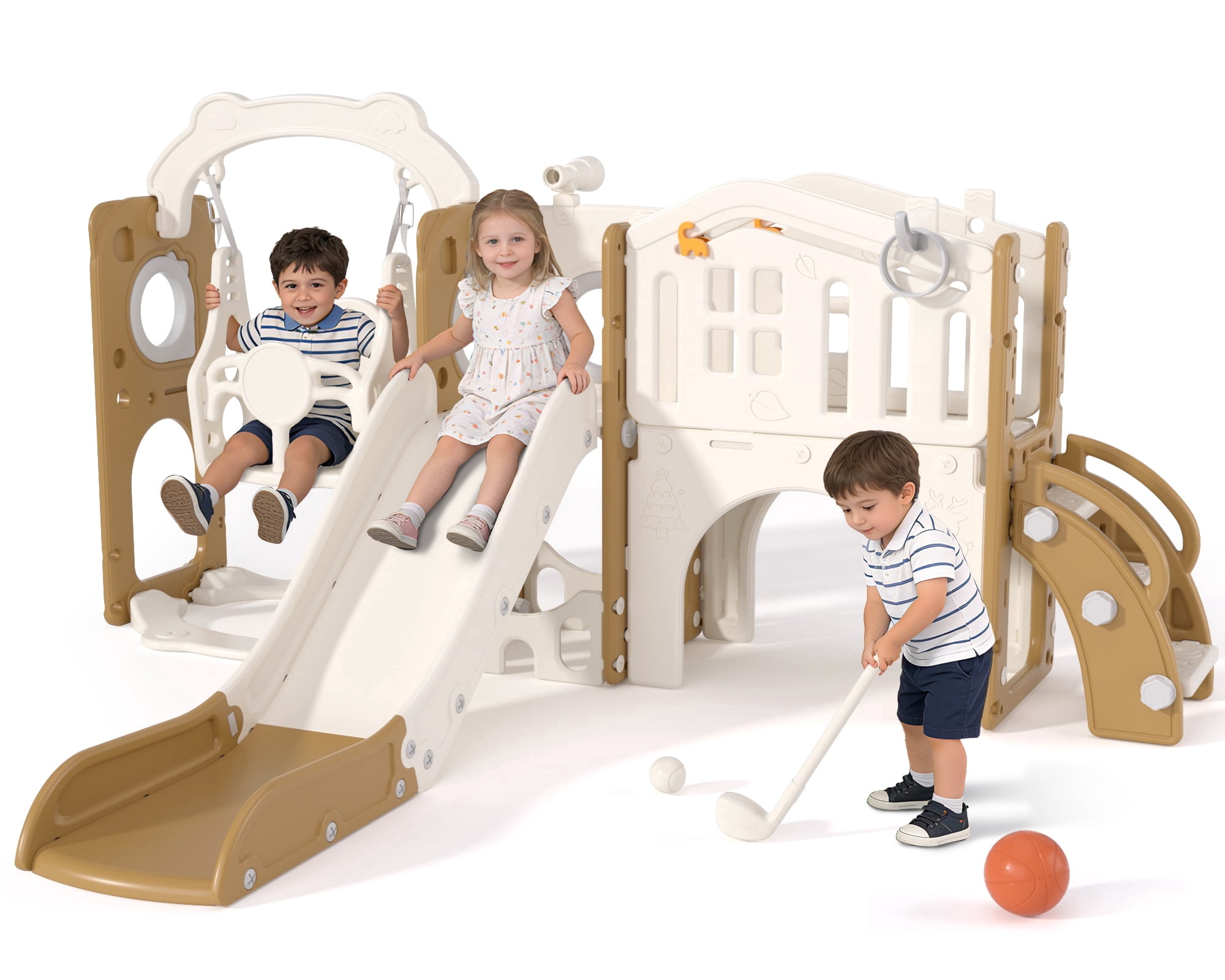 XJD 11-in-1 Toddler Slide and Swing Set, Indoor Outdoor Playground Playset with Basketball Hoop and Climbing Zone (Coffee, 1 Unit) hvqr9