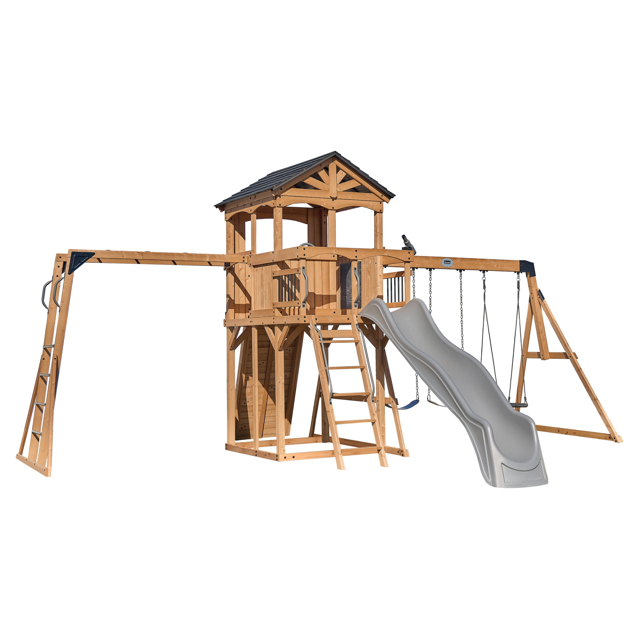 Backyard Discovery Dover Bay Spruce Swing Set with Clubhouse, Slide, Monkey Bars, and Rock Wall (Brown, 19.5 ft x 11.5 ft) 054gx