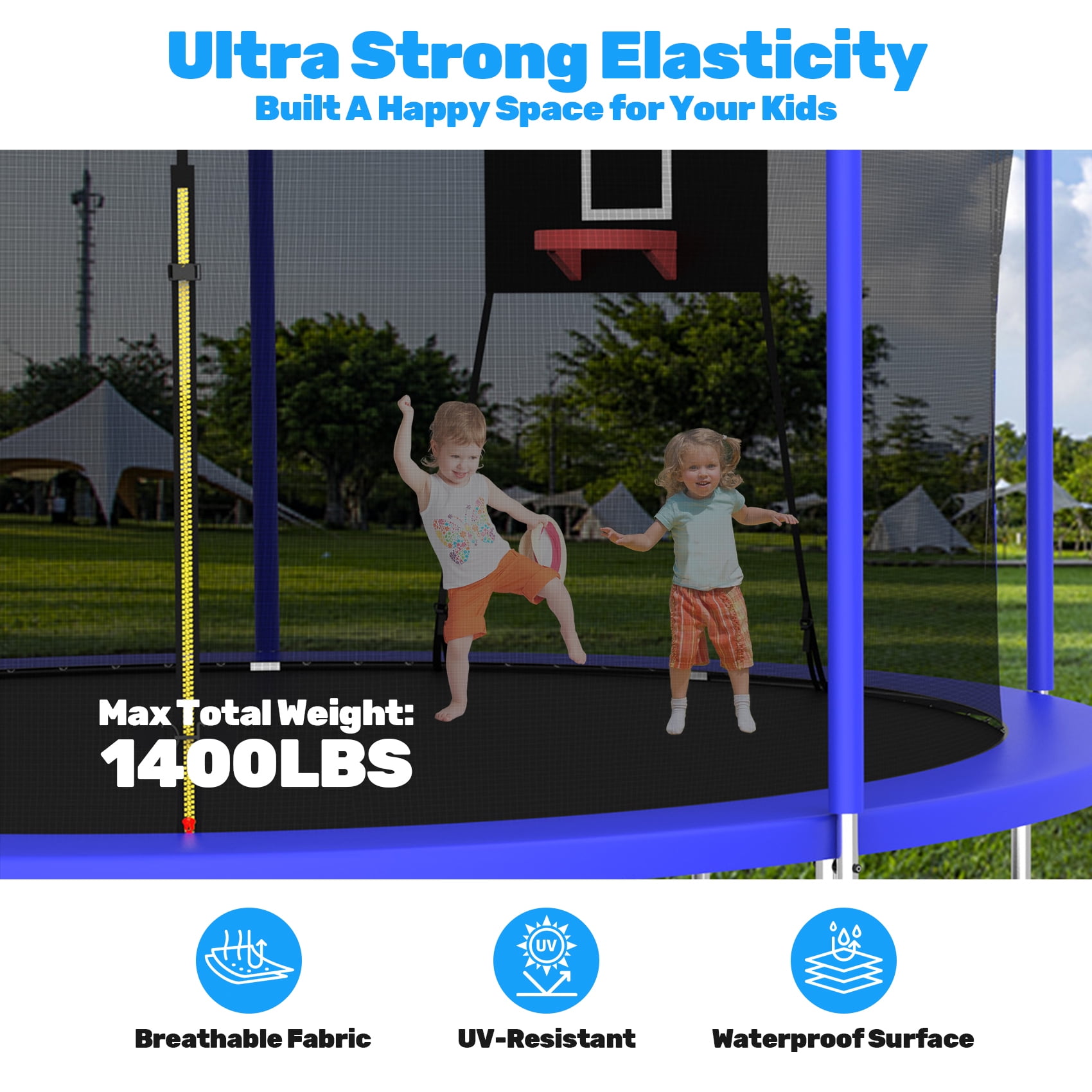 Alvantor 14 ft Round Trampoline with Basketball Hoop and Safety Enclosure Net (Blue, 14 ft) 20elx