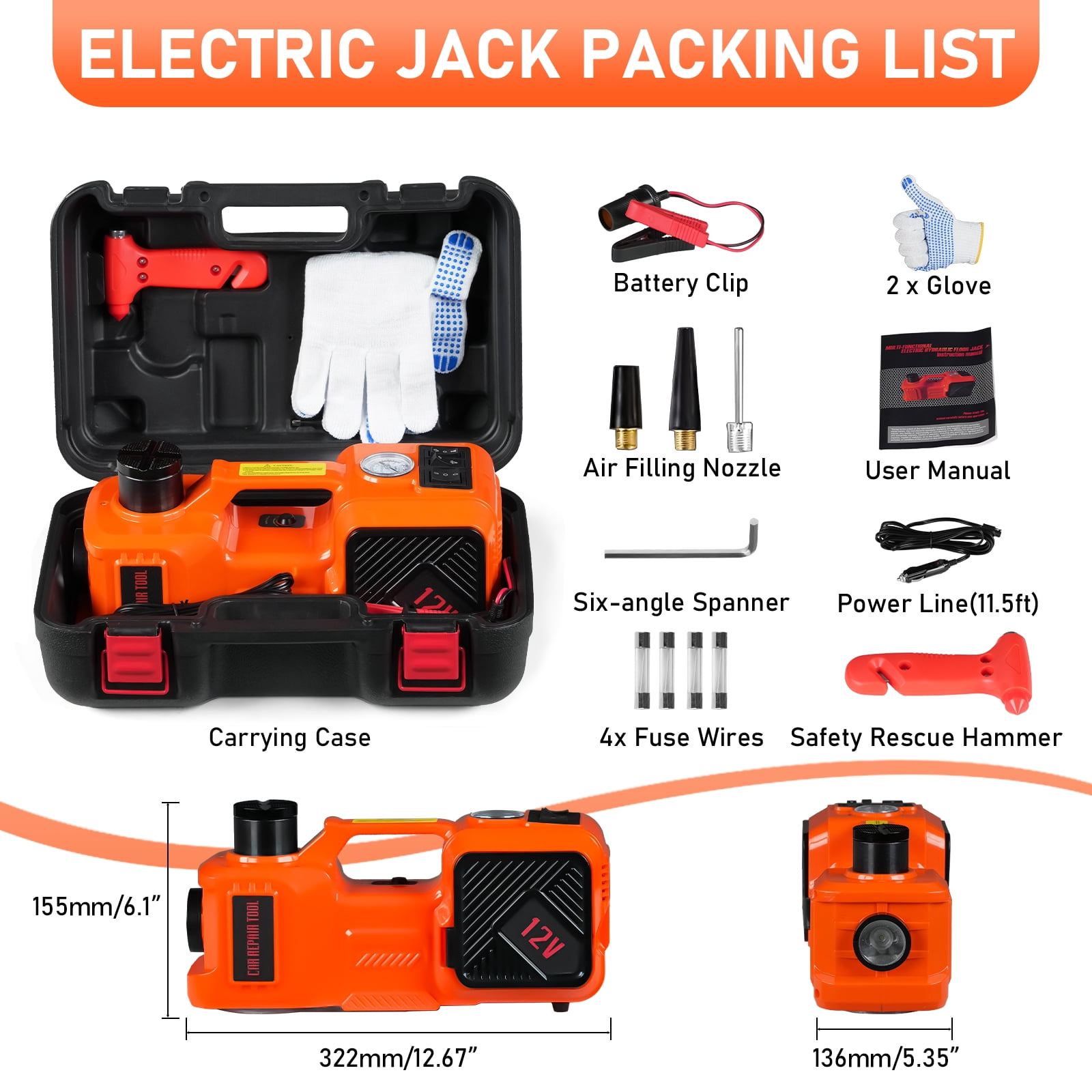 Ktaxon Electric Hydraulic Car Jack Kit, 5 Ton Lift Capacity with Impact Wrench, Tire Inflator, and LED Light (Red, 11023 lb) 7v44g