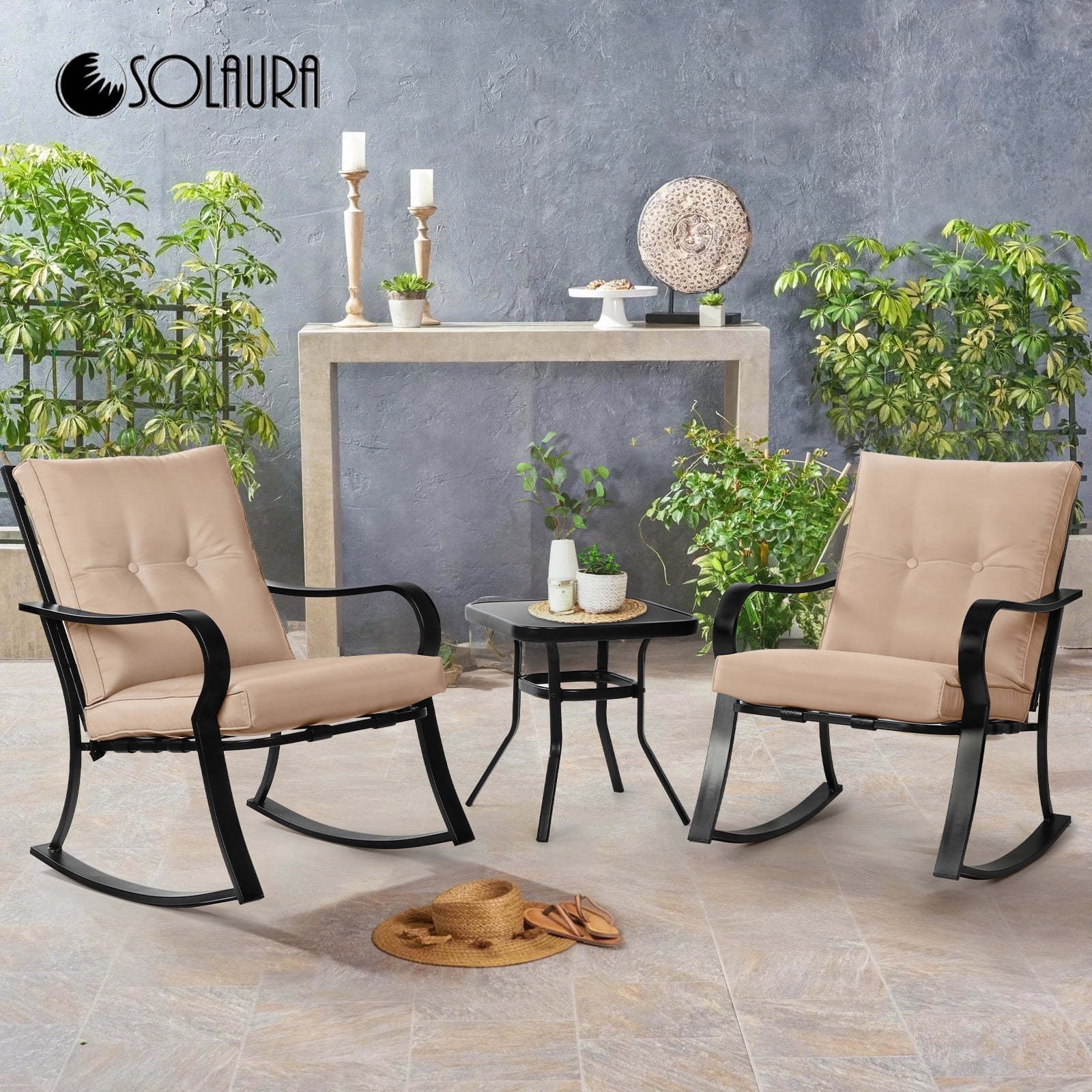 SOLAURA 3-Piece Outdoor Rocking Chair Bistro Set, Patio Furniture with Thickened Cushions and Glass-Top Coffee Table (Black, 3-Piece Set) 3g34t