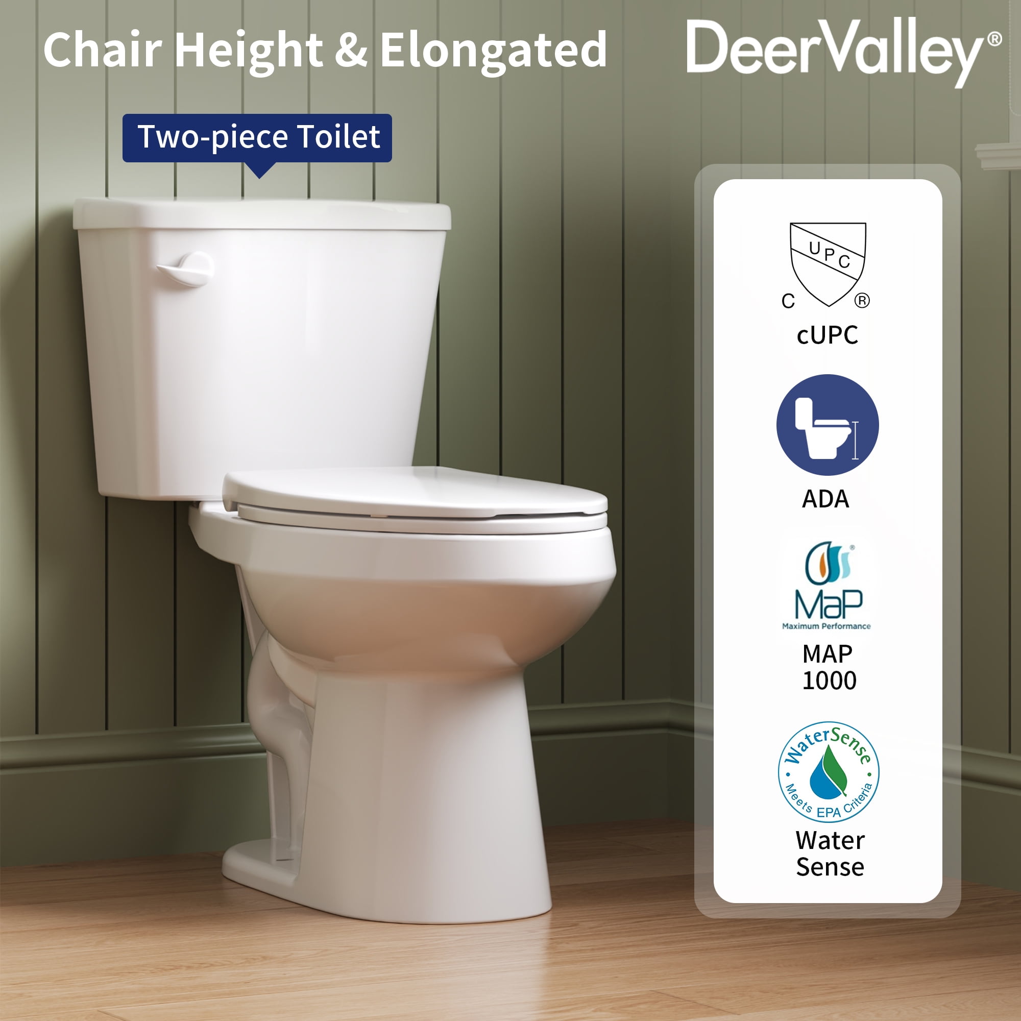 DeerValley 2-Piece Elongated Chair Height Toilet with Soft Close Seat (White, 1.28 GPF) 7mrc5
