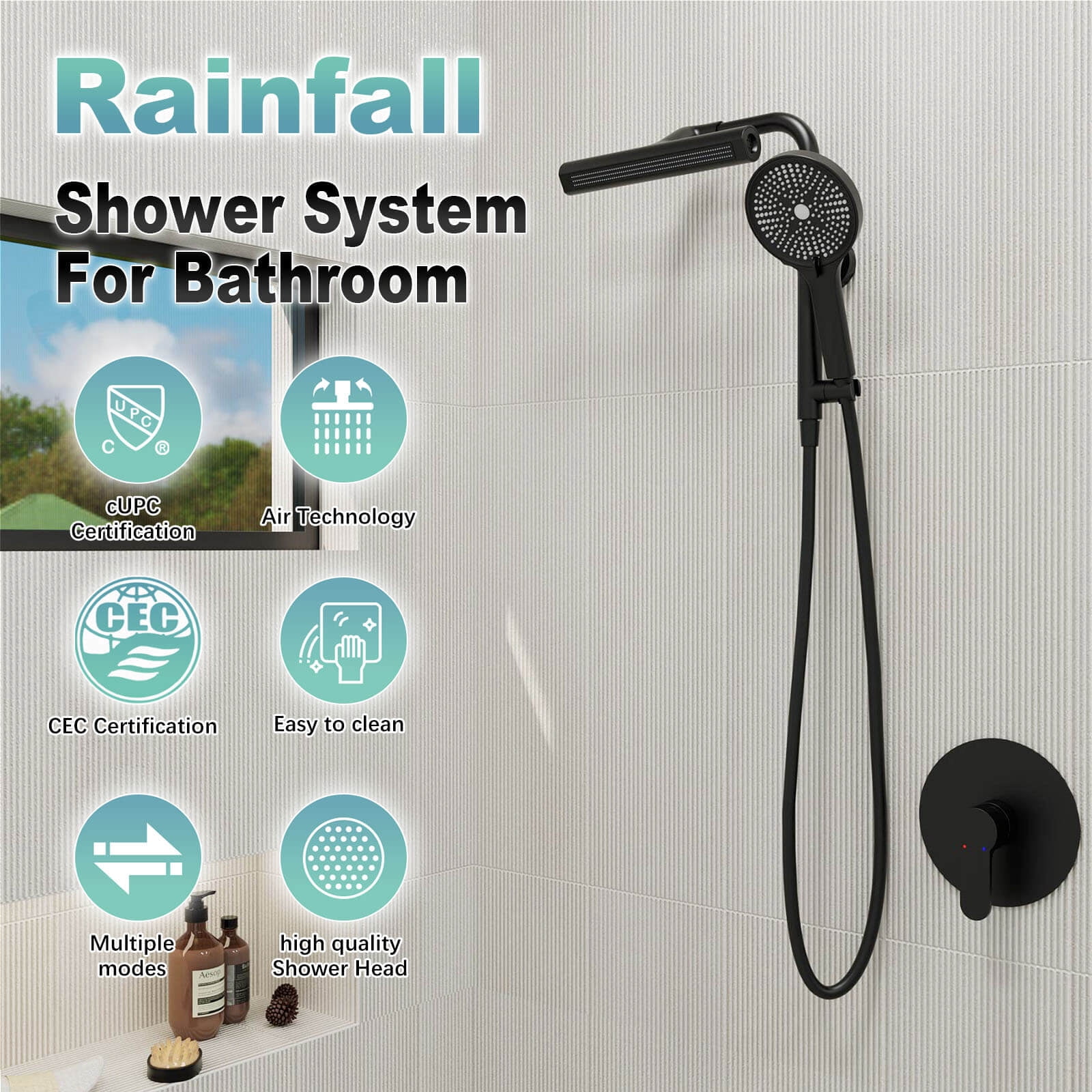 Giving Tree Wall Bar Shower System with 360° Rotating Fixed Head and 6-Spray Handheld (Matte Black) 5ernq