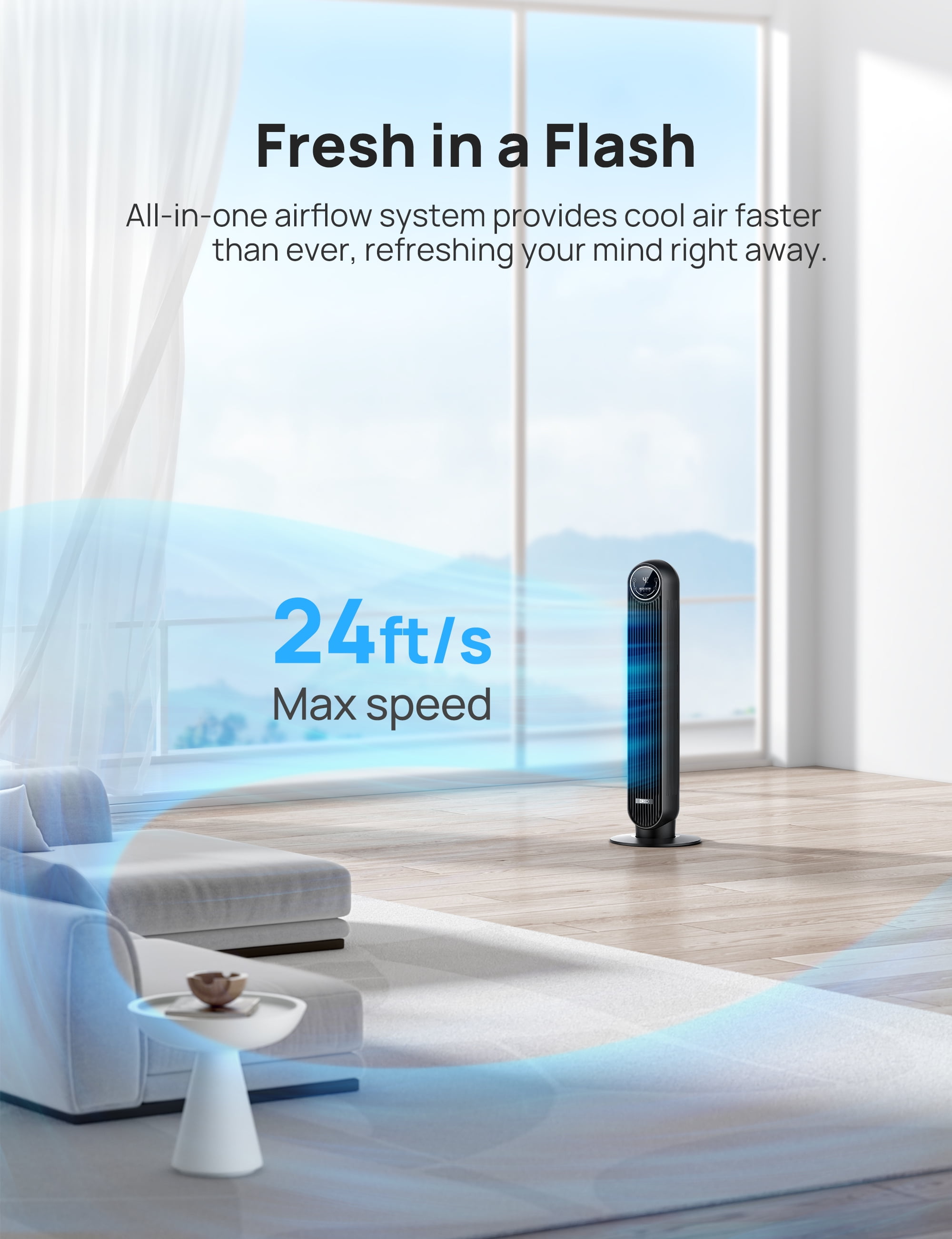 DREO Nomad One Tower Fan, Quiet Oscillating Floor Fan for Bedroom, 4 Speeds & 4 Modes (Black) 7s5mr