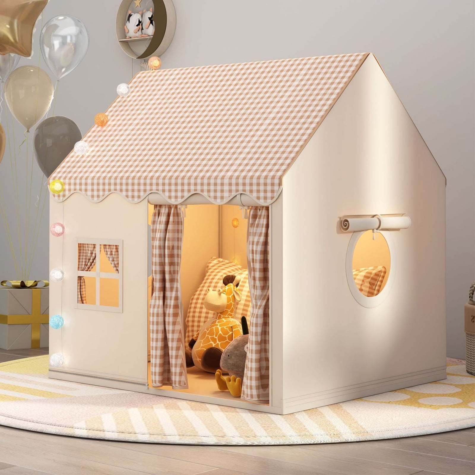 Cuopluber Kids Play Tent Indoor and Outdoor Playhouse with Lights (Brown, 50 in x 47 in x 41 in) dhkqp