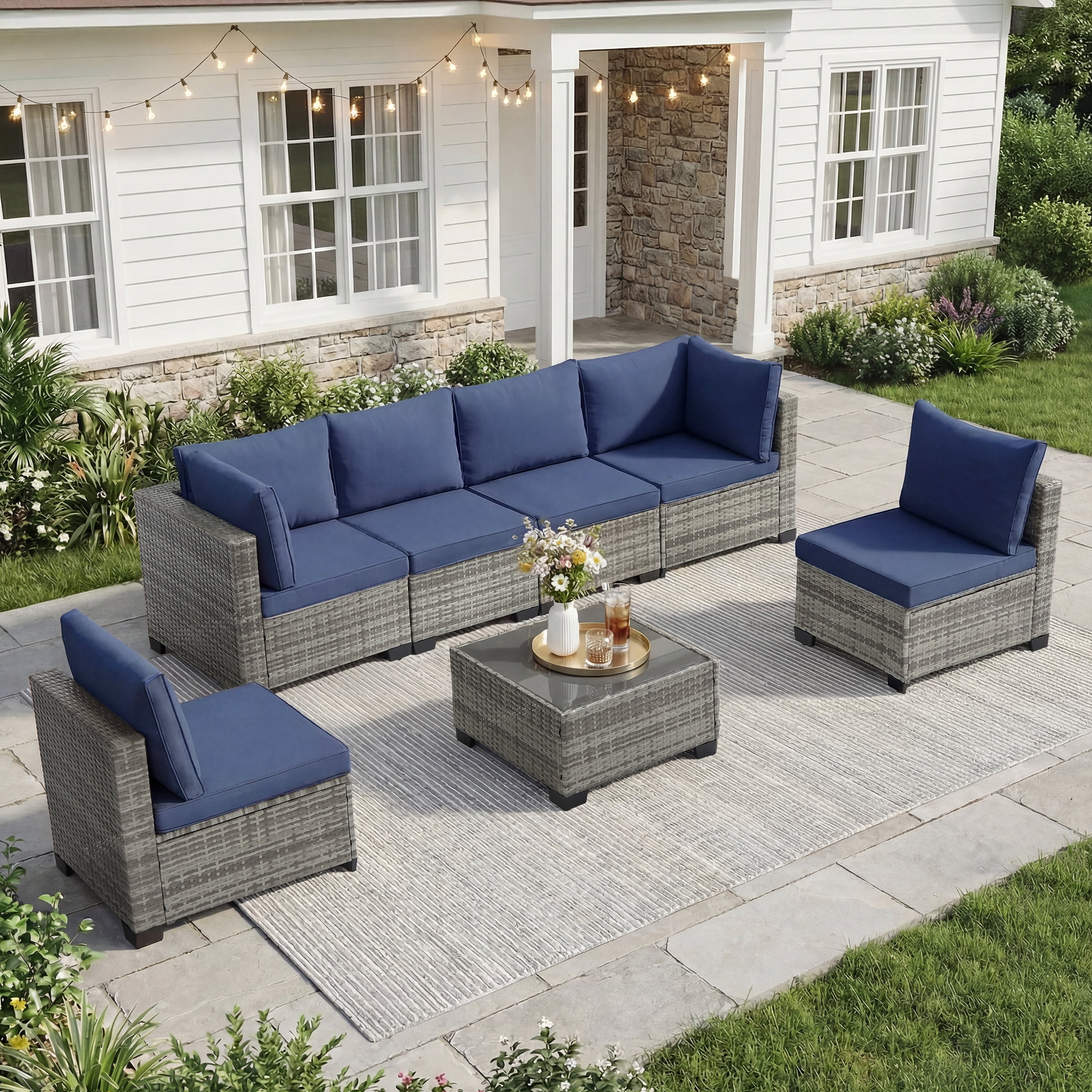 Ebello 7-Piece Modular Outdoor Patio Sectional Sofa Set with Glass Coffee Table (Navy Blue, 7-Piece) 69jwu