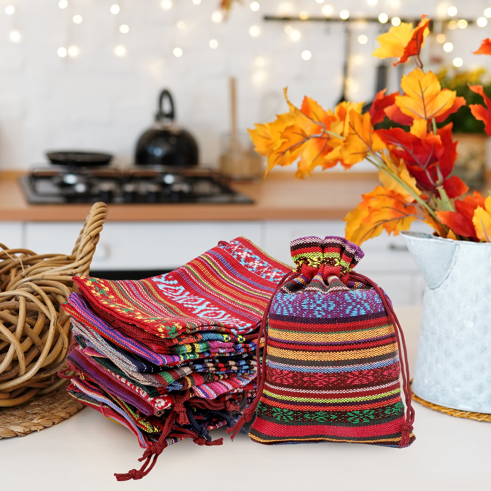 TSV Cotton Linen Drawstring Gift Bags, Ethnic Mexican Fiesta Style Jewelry Pouches for Party Favors (Multi-Color, 20 Pack, 3.9 in x 5.5 in) gk9ku