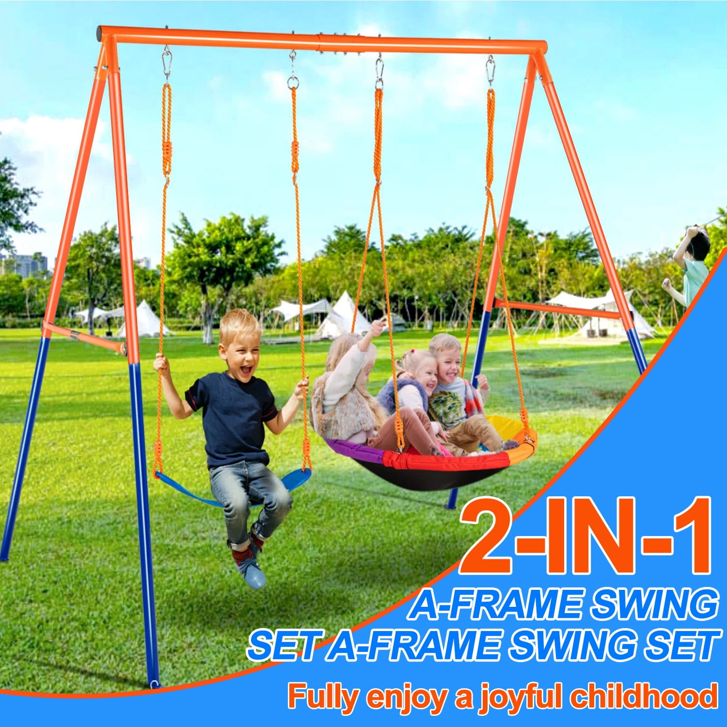 Camkey Heavy Duty Metal Swing Set for Kids with Saucer and Belt Seats (Blue, 440 lb Capacity) n77fa