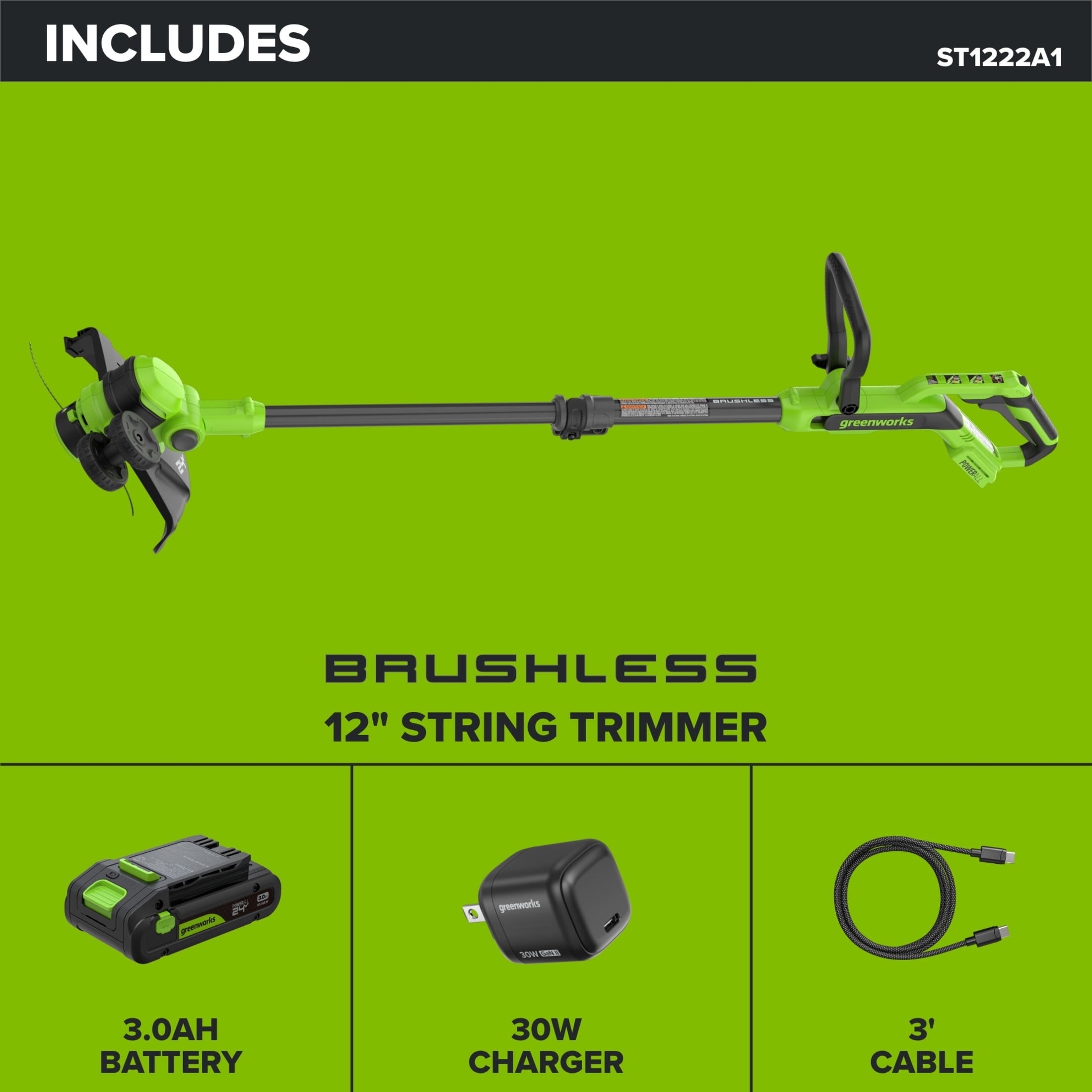 Greenworks PowerAll 24V Brushless 12 in String Trimmer with 3.0 Ah USB-C Battery and Charger (12 in) gd83u