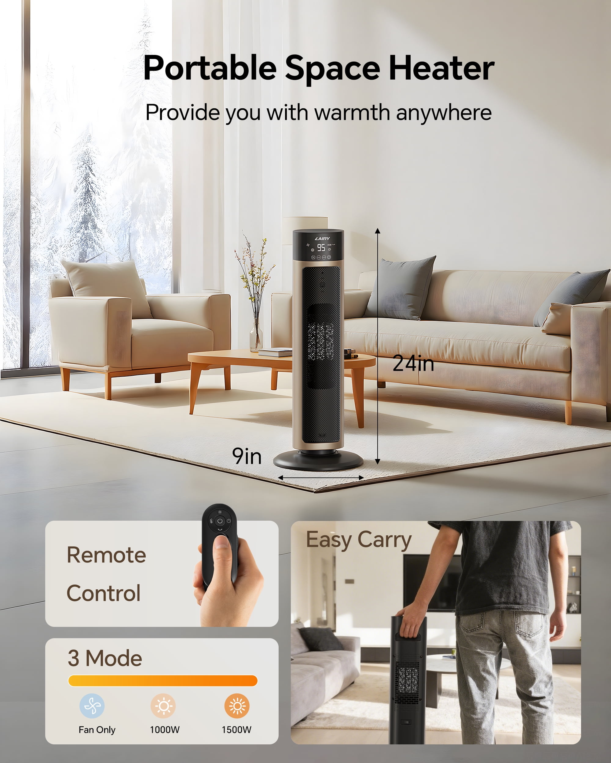 Lairy 1500W Electric Tower Space Heater with Remote and Adjustable Thermostat (Black, 24 in) i73d6