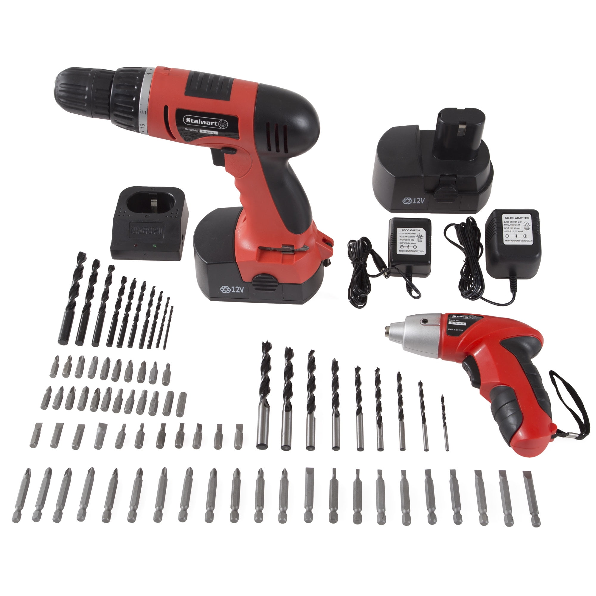 Stalwart 74-Piece 12V Cordless Drill and 3.6V Screwdriver Power Tool Set (Red, 74-Piece) 7we7u