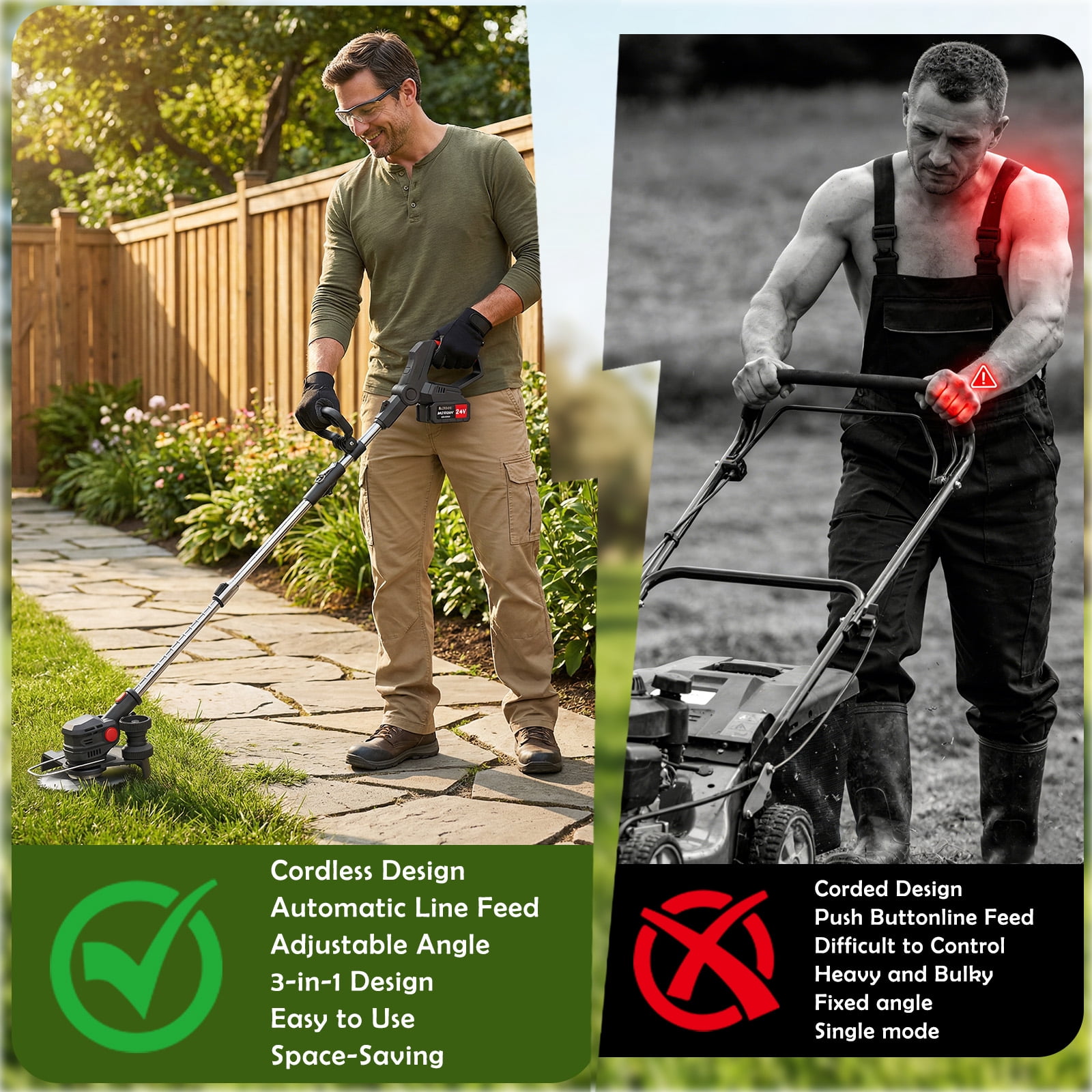 CATGOOD Electric Cordless Weed Eater, 24V Grass Trimmer with 2 Batteries and Charger (8 in Cutting Width) 6bmcb