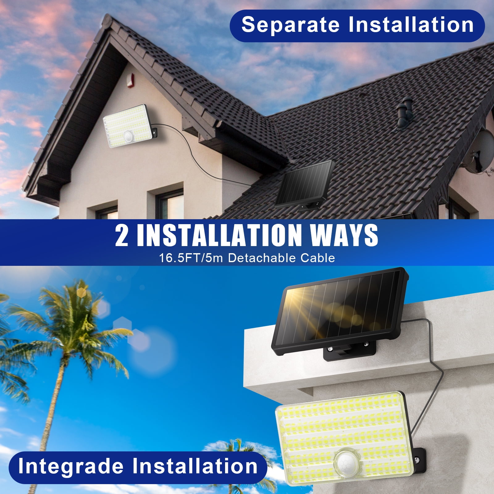 SZRSTH Solar Motion Sensor Lights Outdoor Security Flood Lights with Remote (2 Pack, 16.4 ft Cord) nuky1