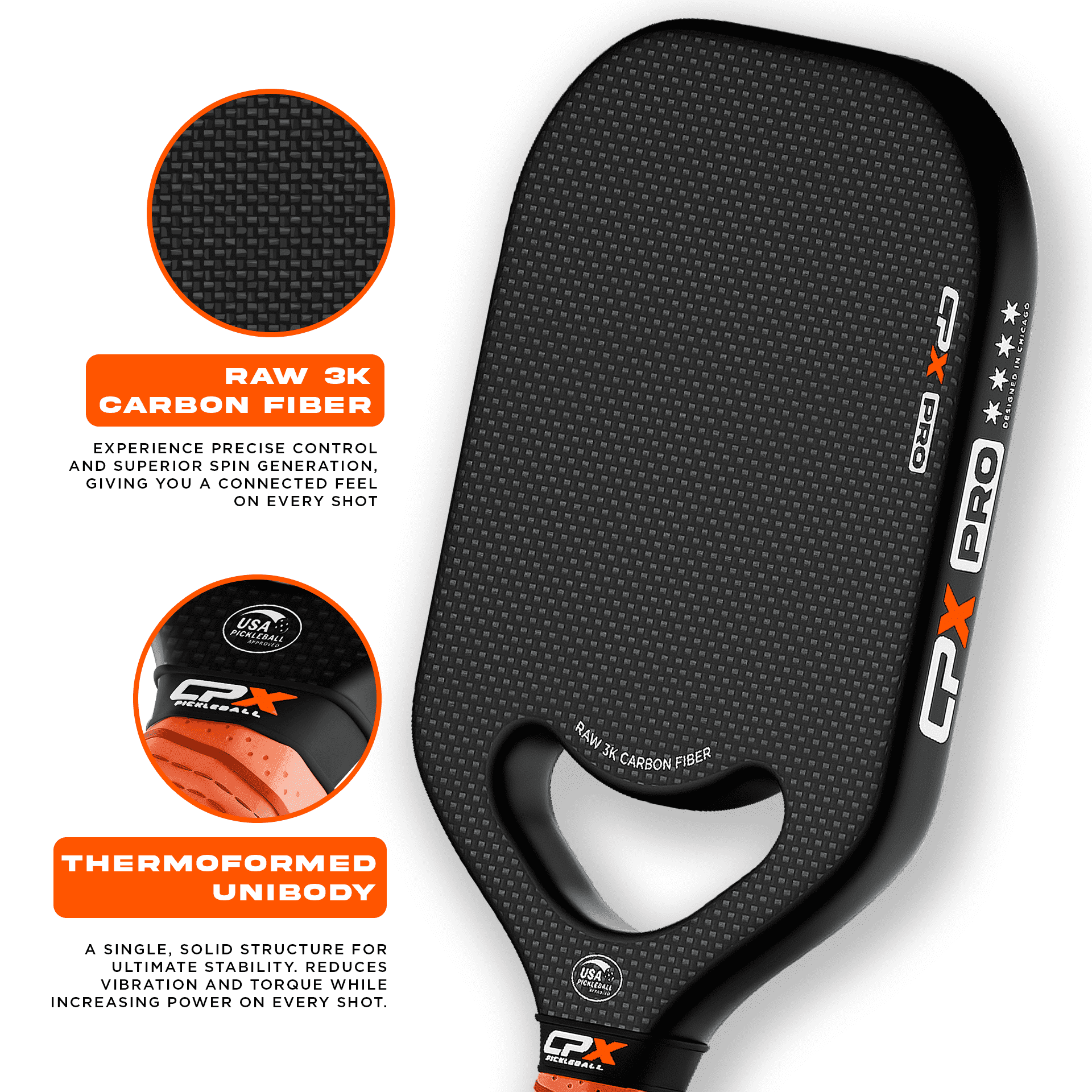 CPX Pickleball Pro Carbon Fiber Paddle (Black, 19mm Honeycomb Core) njp89