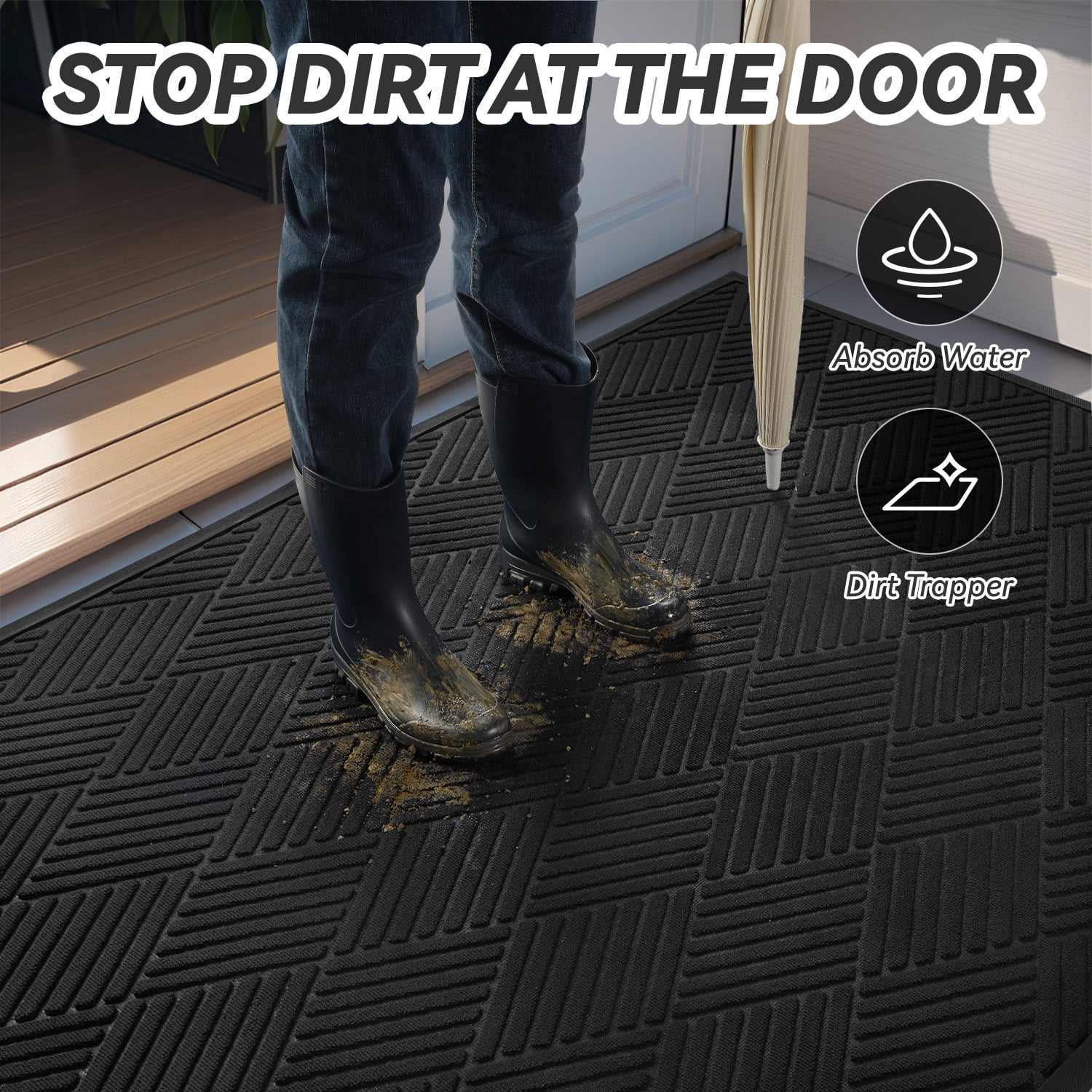 SIXHOME Outdoor Welcome Mat Non-Slip Rubber Entryway Rug (Black, 17 in x 30 in) y38se