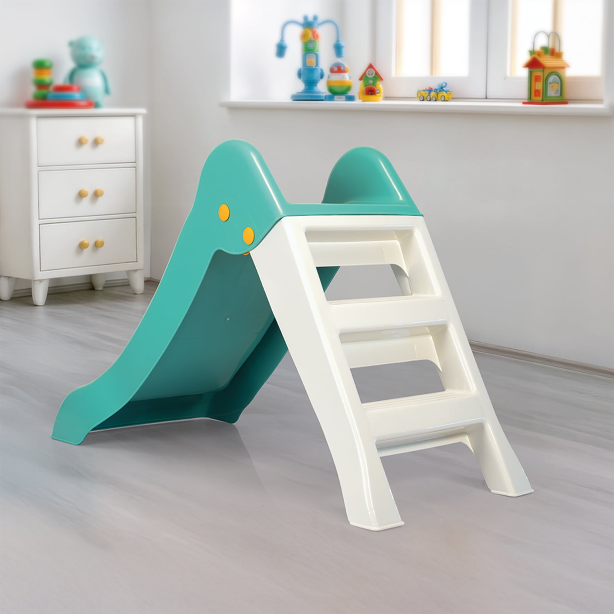 Dolu My First Garden Slide Indoor Outdoor Playground Equipment (Green/White, 43.7 x 18.5 x 27.6 in) cq48d