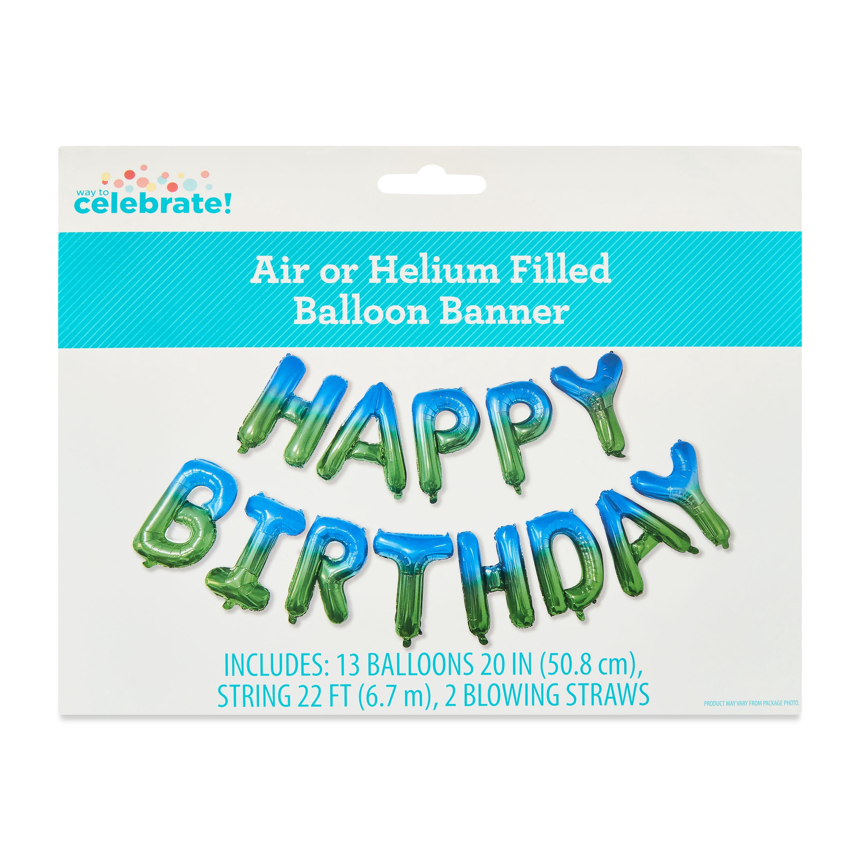 Way To Celebrate Happy Birthday Foil Balloon Banner, Ombre Blue and Green Party Decoration (16 Pieces, 20 in) ue1s3