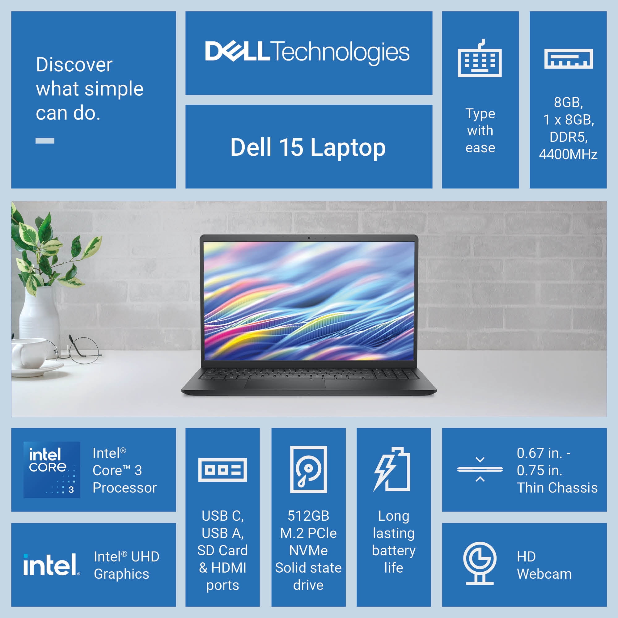 Dell DC15250 15.6 in FHD 120Hz Laptop, Intel Core 3 100U, 8GB DDR5 RAM, 512GB SSD (Carbon Black) ml2ds