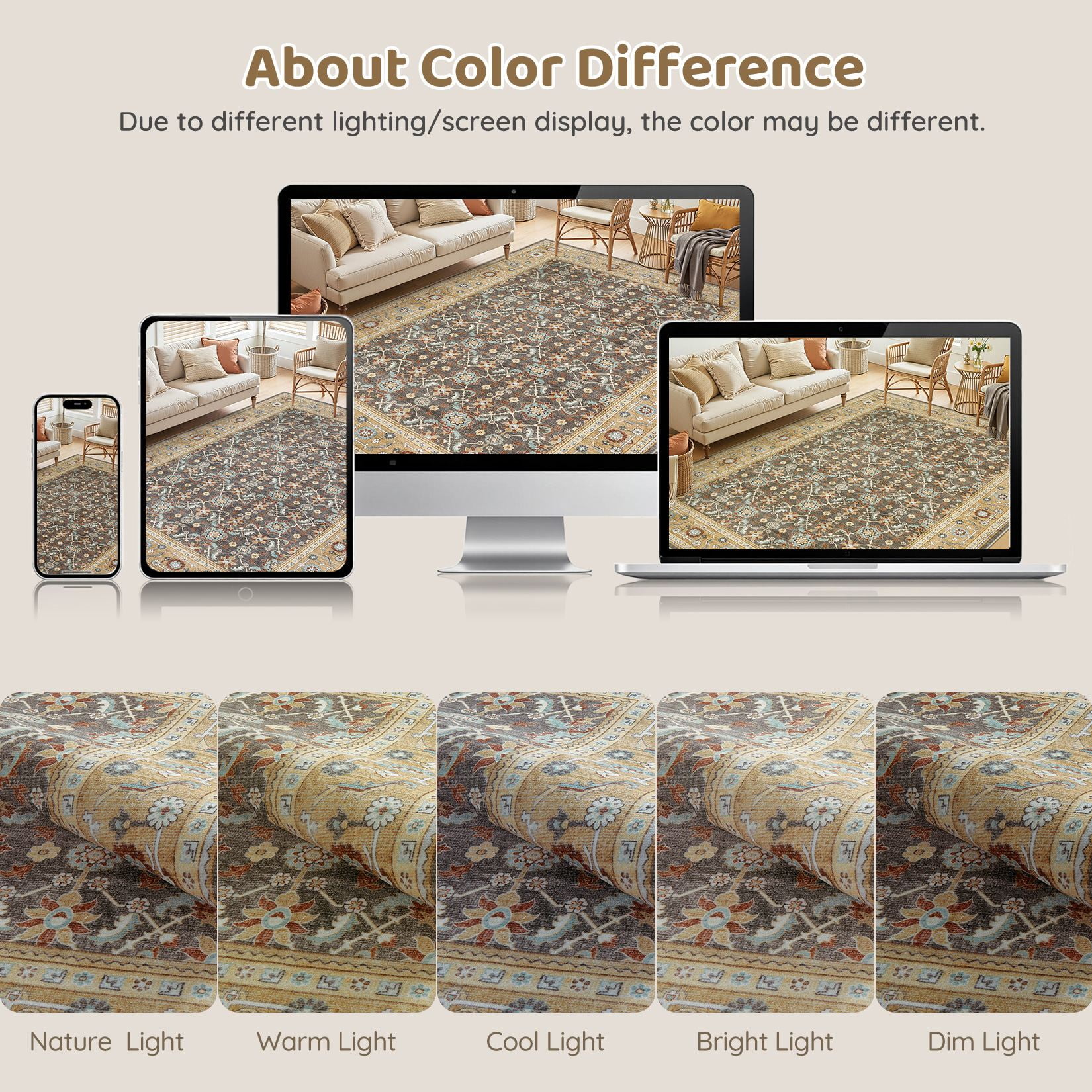 UERMEI Washable Area Rug, Boho Low-Pile Non-Slip Carpet for Living Room and Bedroom (Brown, 5 ft x 7 ft) un0zo