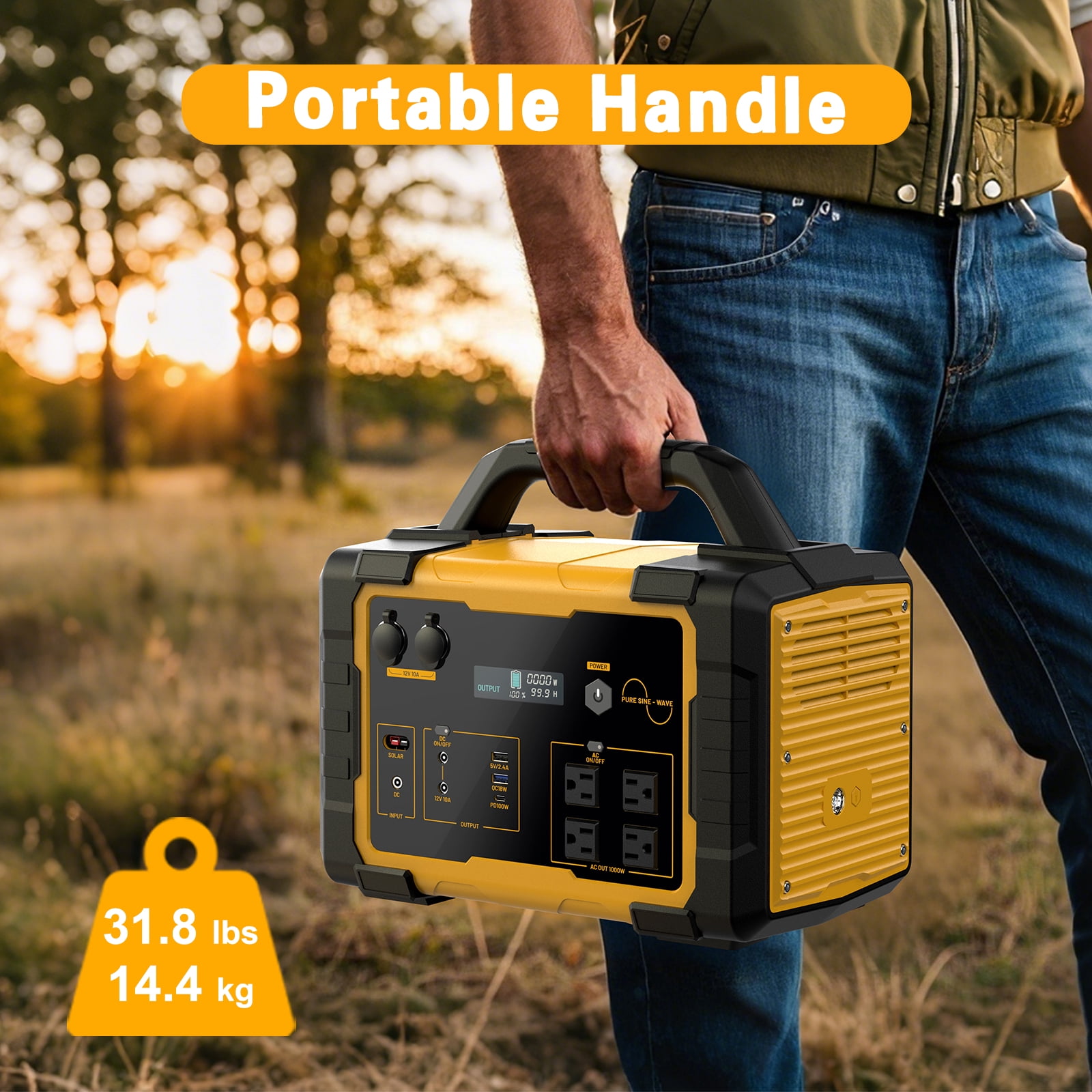 MUSSLAN Portable Solar Generator Power Station with 200W Solar Panel (1024Wh, Yellow) bftgj