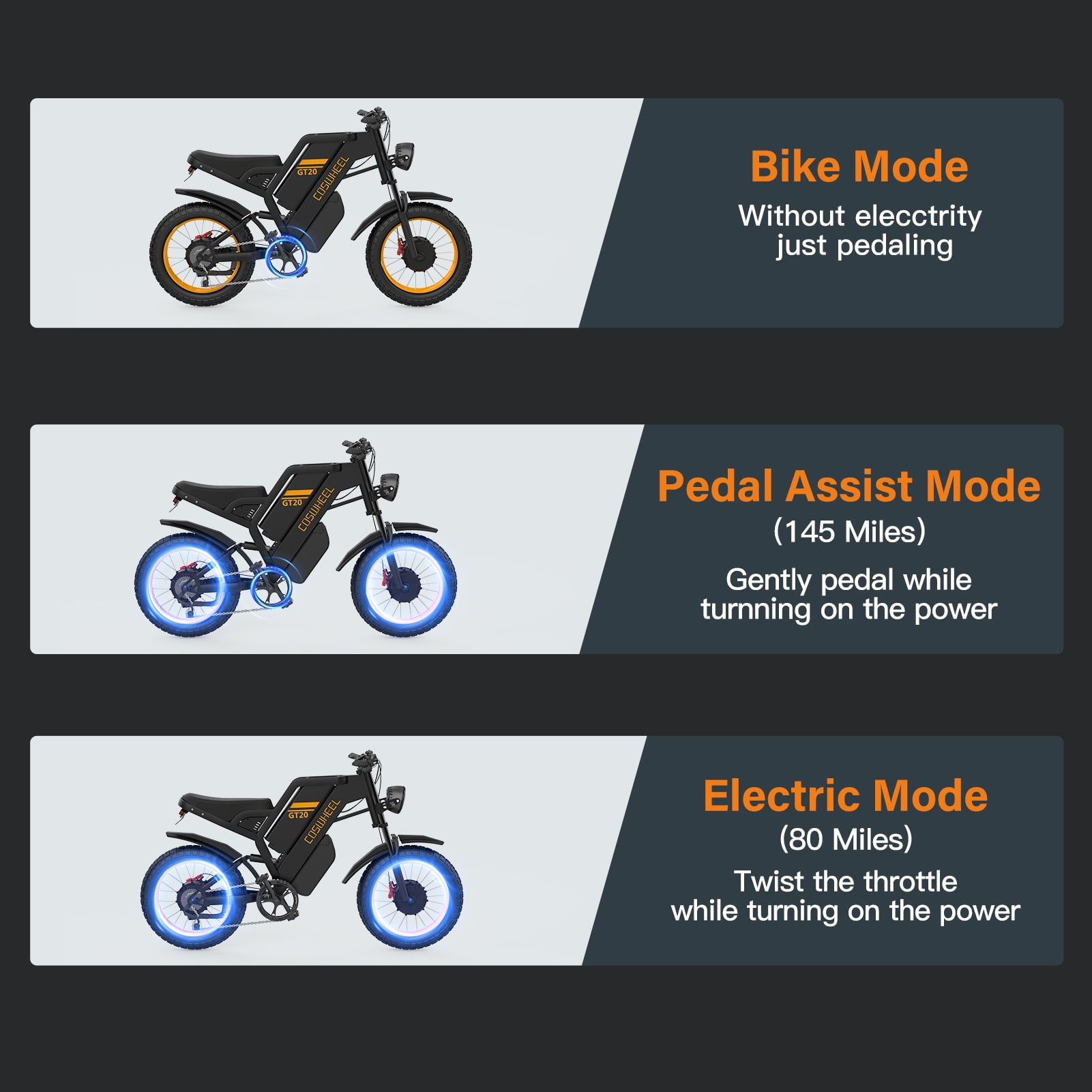 COSWHEEL GT20 Pro Electric Bike for Adults, 3000W Motor Fat Tire E-Bike with 48V/25Ah Battery, 7-Speed Off-Road Mountain Bicycle (Black, 20 in) 8boit