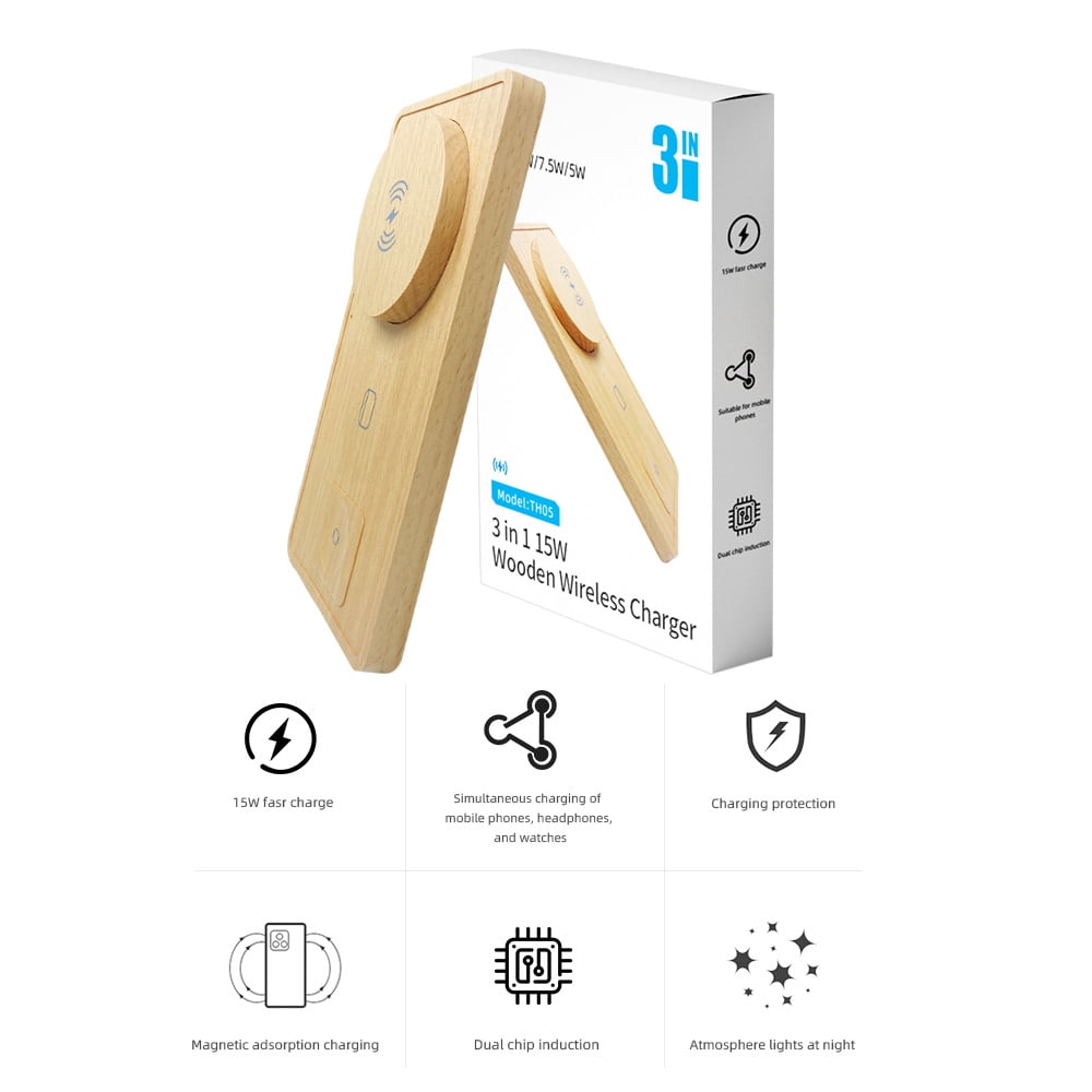 AARONMEI 3-in-1 Wireless Charging Station, Fast Charging Pad for Phone, Watch, and Headphones (Bamboo Wood, 1 Pack) ndk2p