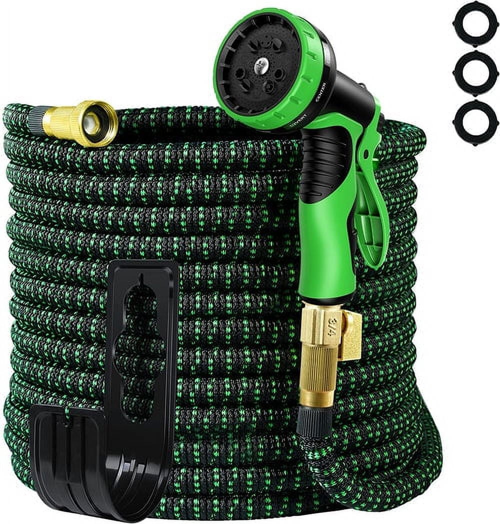 LarmTek Expandable Garden Hose with 10-Pattern Spray Nozzle and Brass Connectors (Green, 100 ft) ot1ce
