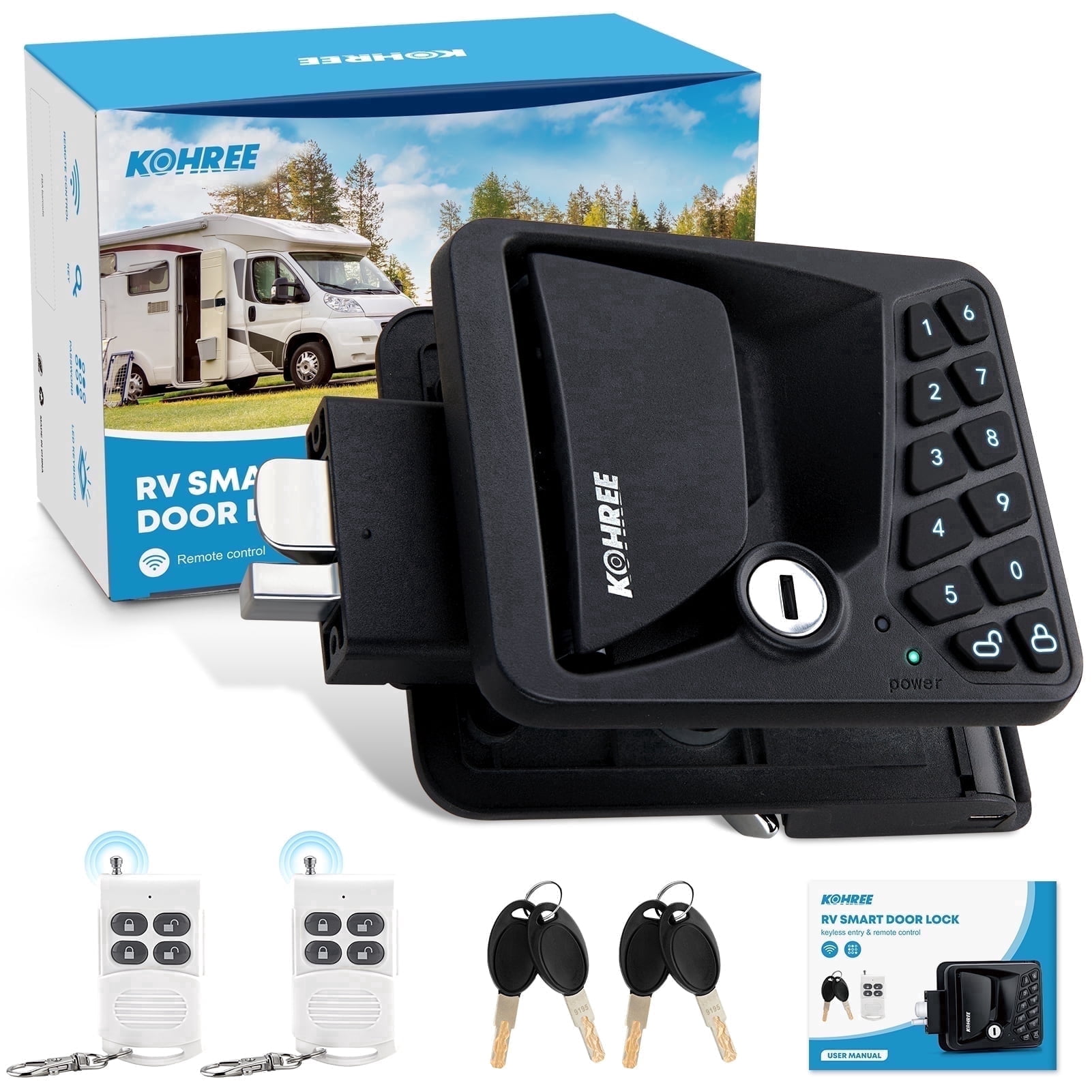 Kohree RV Door Lock Keyless Entry System with Remote and Keypad (Black, 3.75 in x 2.75 in x 1.5 in) f23bj