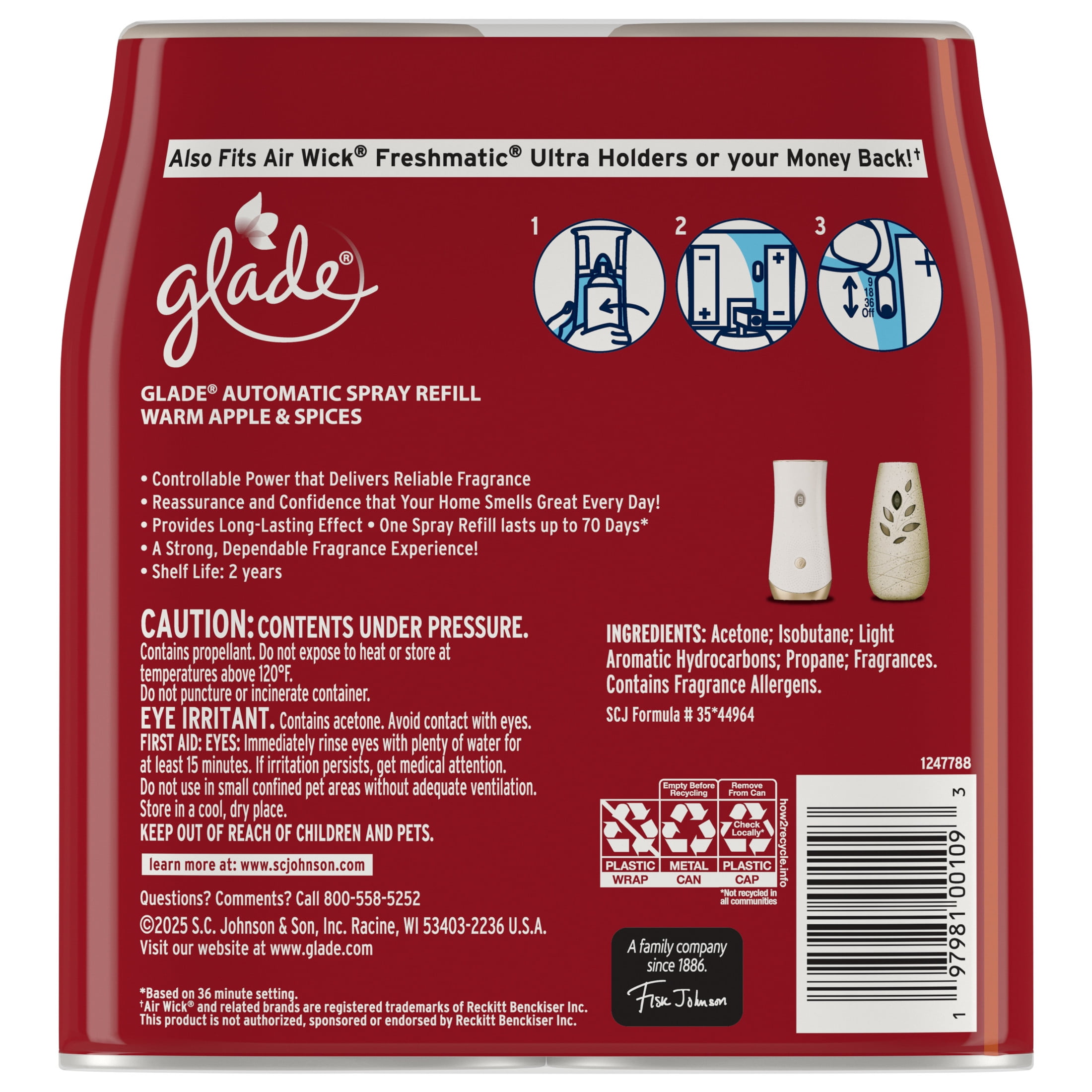 Glade Automatic Spray Air Freshener Refill, Warm Apple & Spices, Long-Lasting Fragrance (6.2 oz, 2 Count) 98xa4