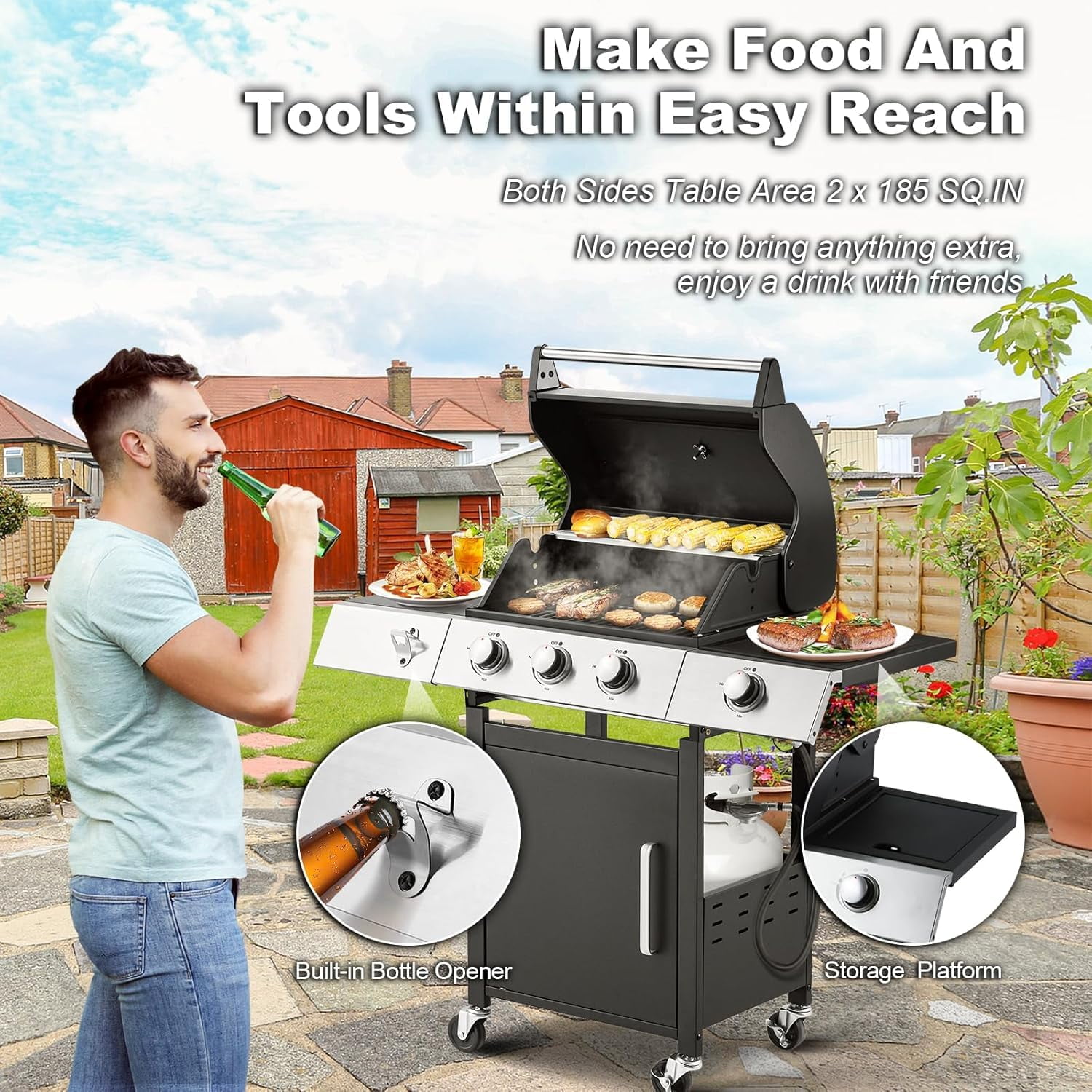 MELLCOM 3-Burner Propane Gas Grill with Side Stove and Cast Iron Grates (Black, 43.3 in x 18.9 in x 43.3 in) aifg2
