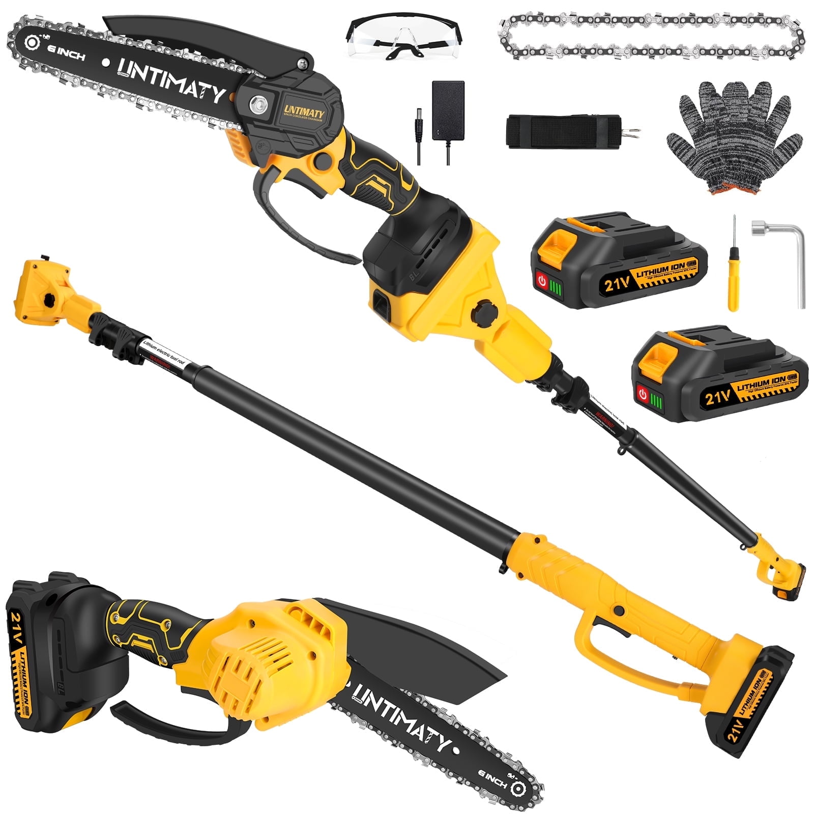 UMTIMATY Cordless Pole Saw, 6 Inch Brushless Mini Chainsaw with 14.1 FT Extension Pole (Yellow, 2 x 2.0Ah Batteries) wr6tj