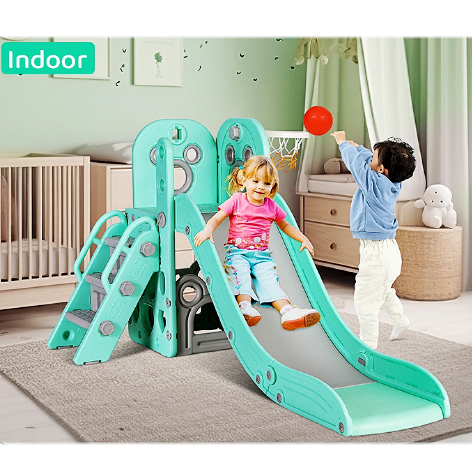 LAZY BUDDY 4-in-1 Toddler Slide and Climber Playset with Basketball Hoop (Green) abxyq