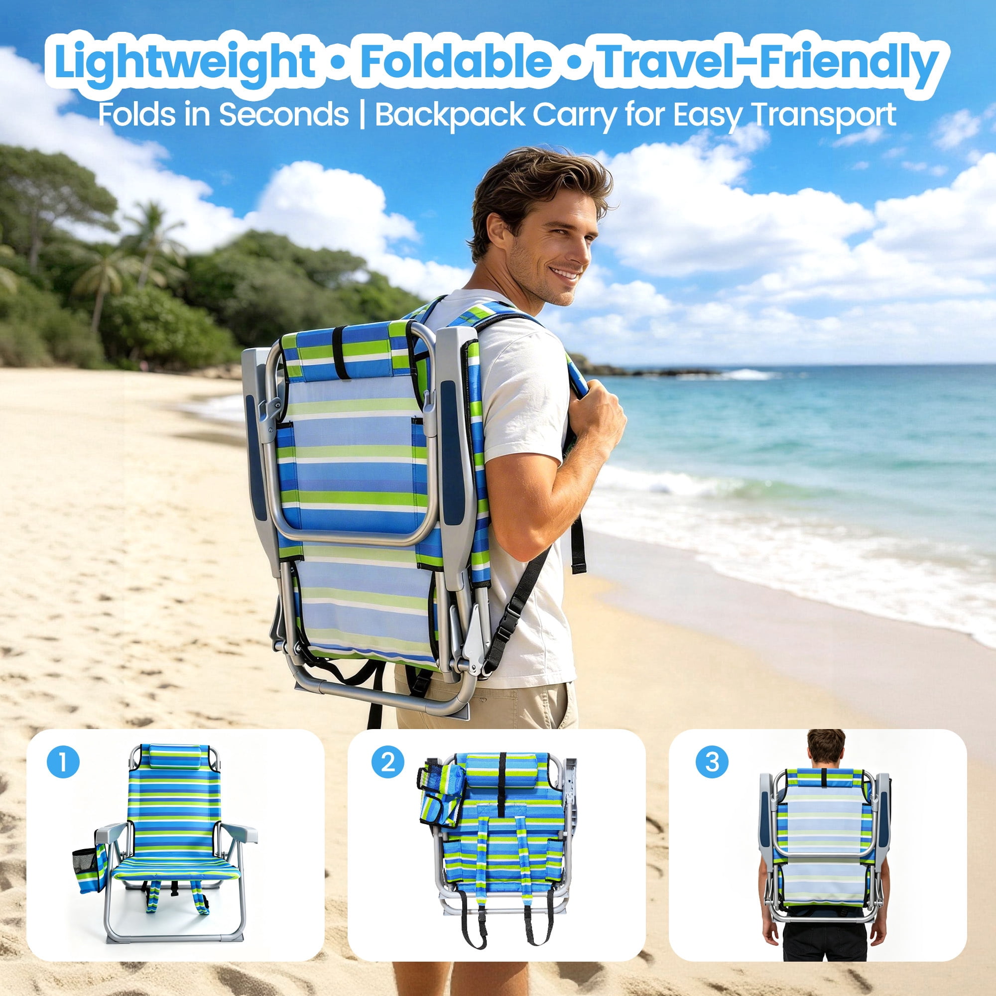 ELFWOLF 5-Position Adjustable Reclining Backpack Beach Chair with Cup Holder and Storage (Blue & Green Stripe, Set of 2) zh5ba