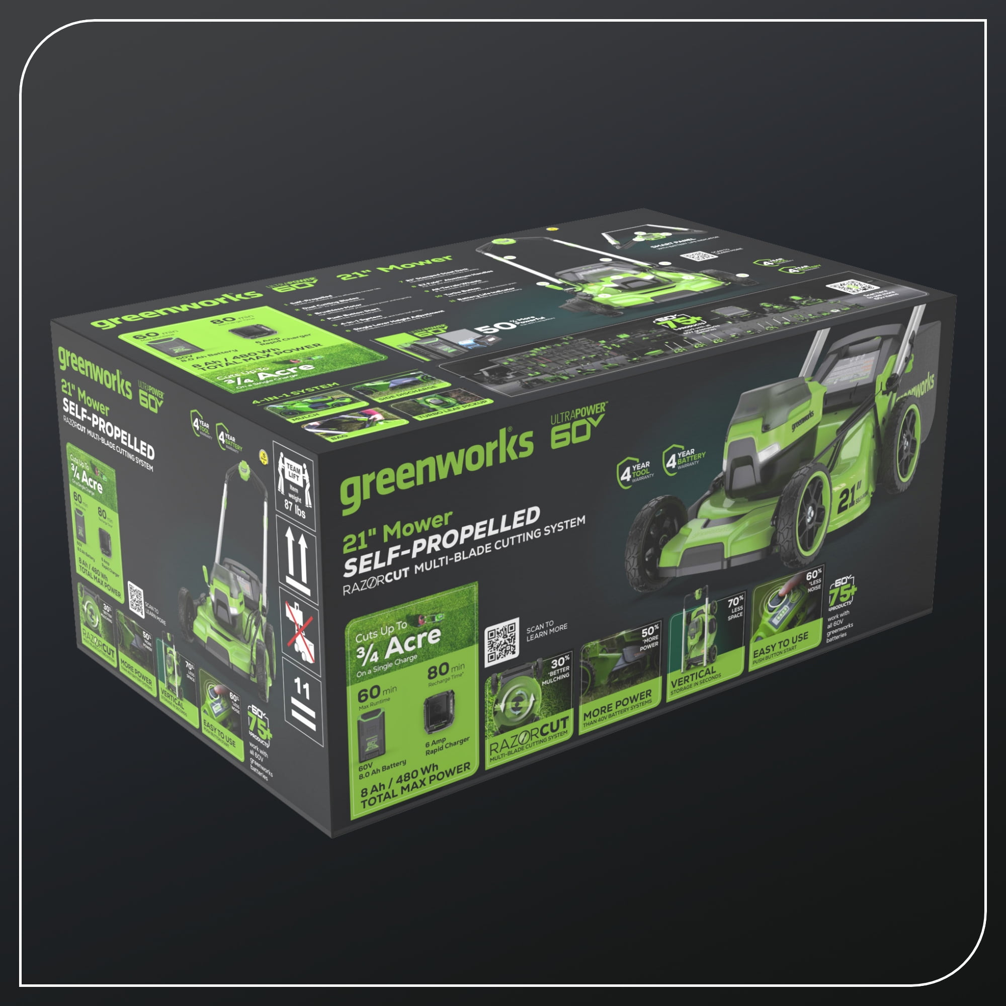Greenworks 60V 21 in Self-Propelled Lawn Mower with 8.0 Ah Battery and Rapid Charger (Green, 21 in) ijbnt