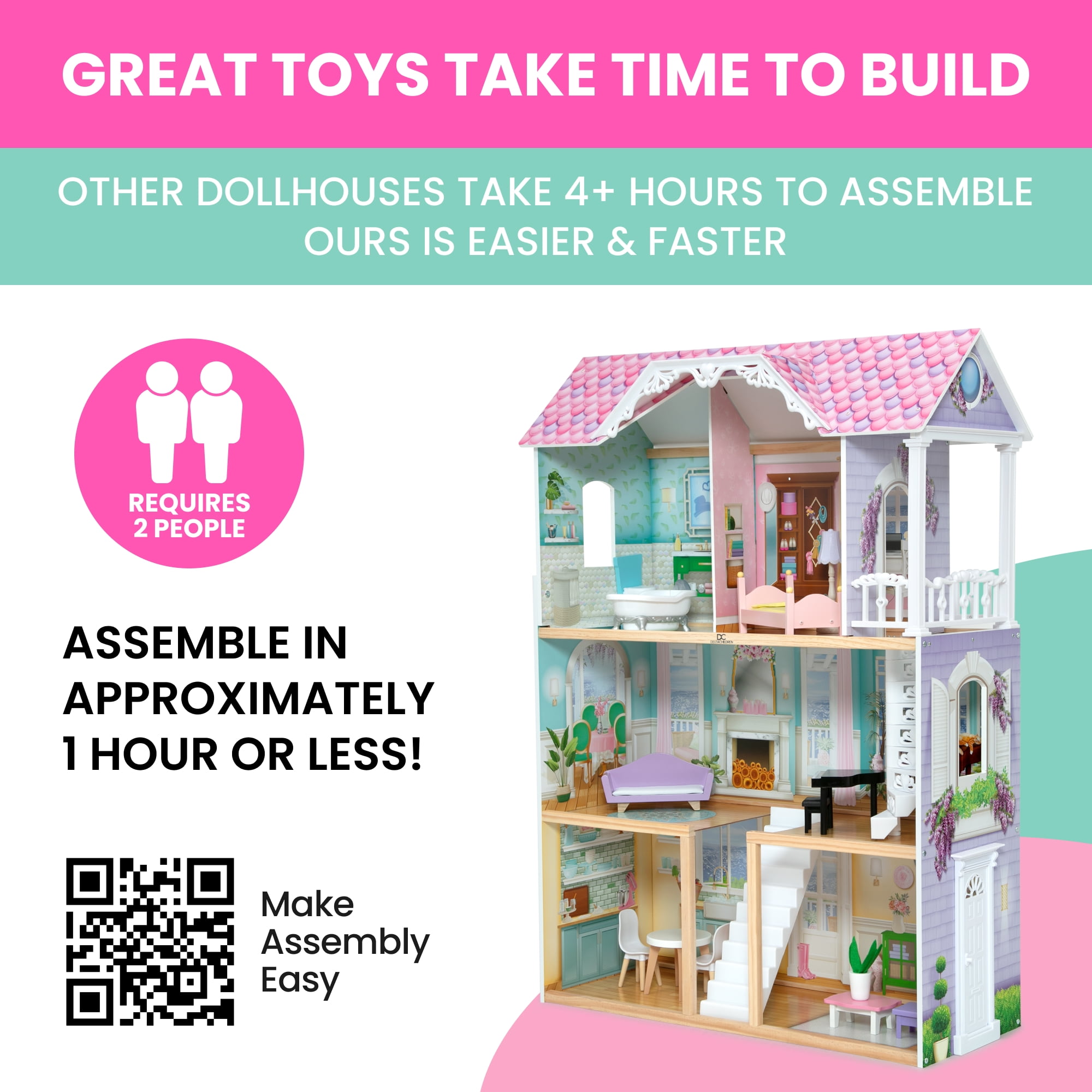 Delta Children MySize Wooden Dollhouse (Pink, 33 in W x 14.5 in D x 46.3 in H) pahsq