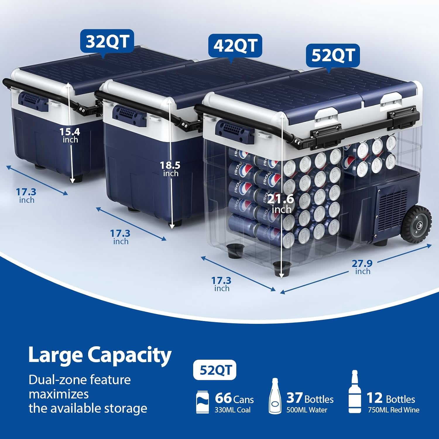 Aeitto Dual Zone Portable Car Refrigerator, Electric Cooler and Freezer for Travel and Camping (Blue, 52 qt) 7oy79