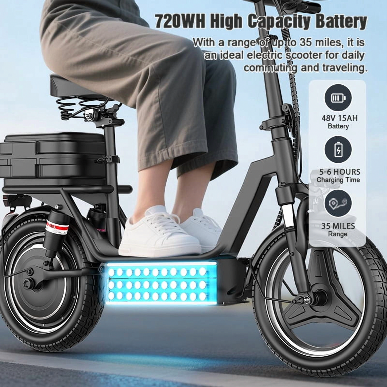 AZHAR Electric Scooter with Seat, 1200W Motor, 25 MPH Max Speed, 45 Mile Range, Dual Shock Absorption, 14 in Tires (Black, 350 lb Capacity) 5dzpo