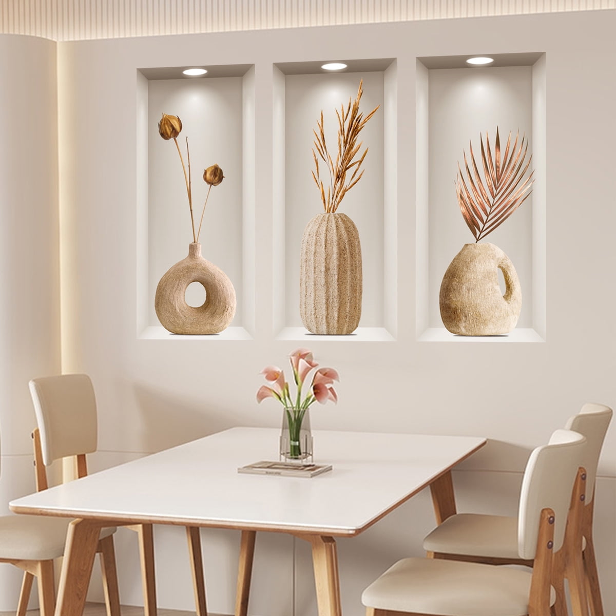 WEXIA 3D Vase Wall Stickers Removable Vinyl Art Mural Peel and Stick DIY Home Decor (Beige, 3-Piece Set) 03q3m